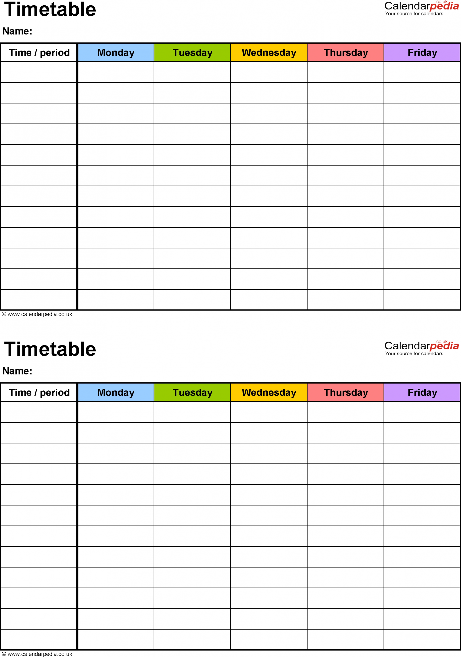 excel timetable template 6: 2 a5 timetables on one page