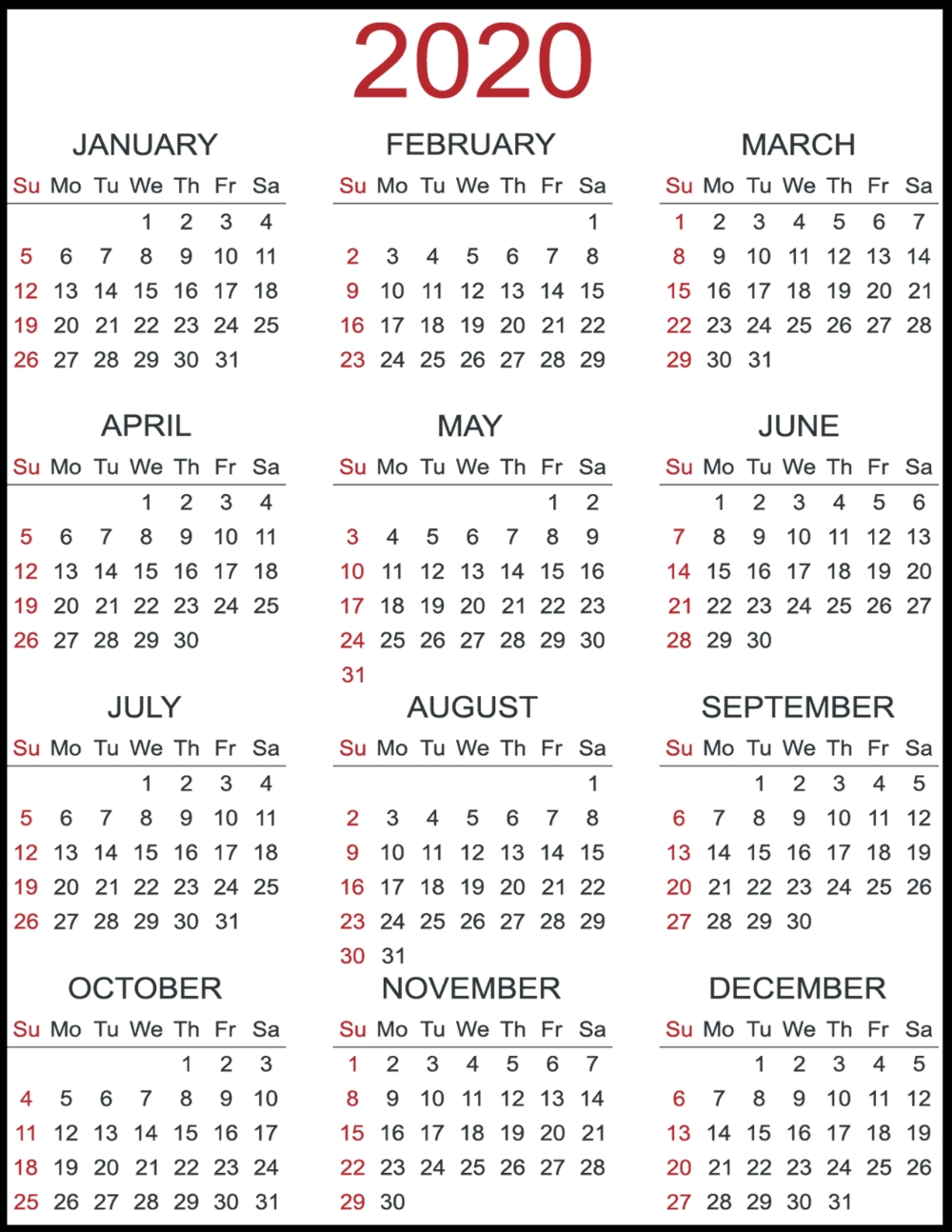 😄printable Yearly Calendar 2020 Template With Holidays [pdf