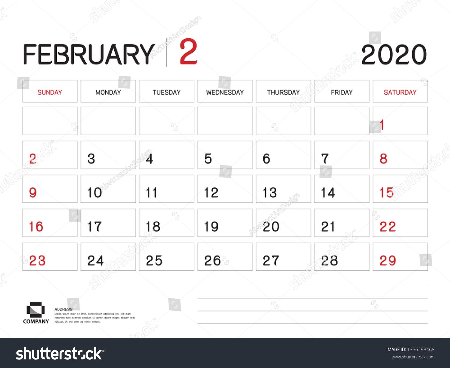 February 2020 Year Template Calendar 2020 Stock Vector