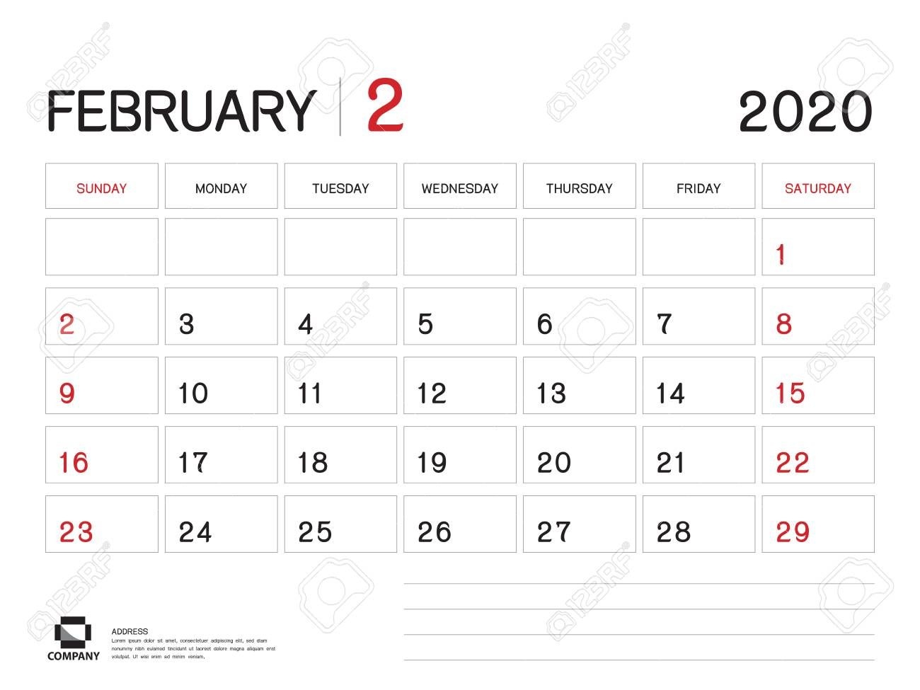 February 2020 Year Template, Calendar 2020 Vector, Desk Calendar