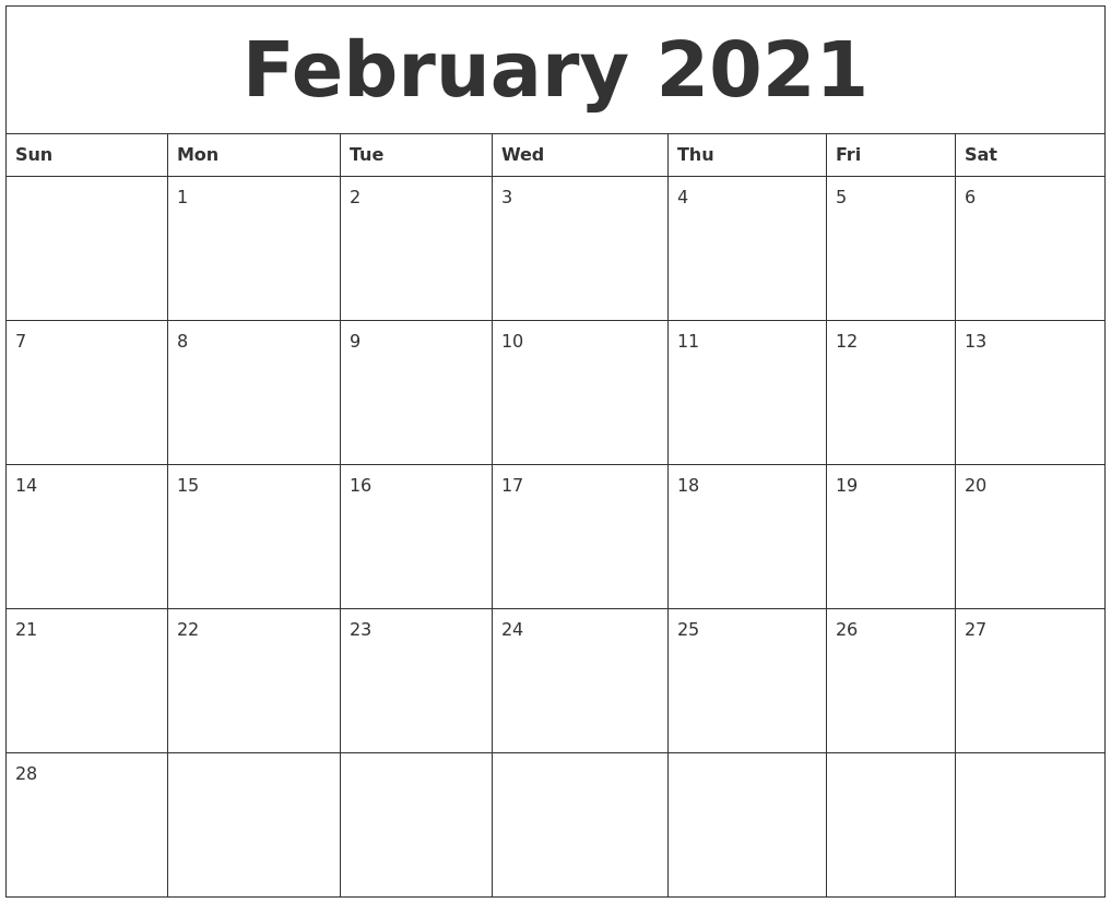 February 2021 Month Calendar Template
