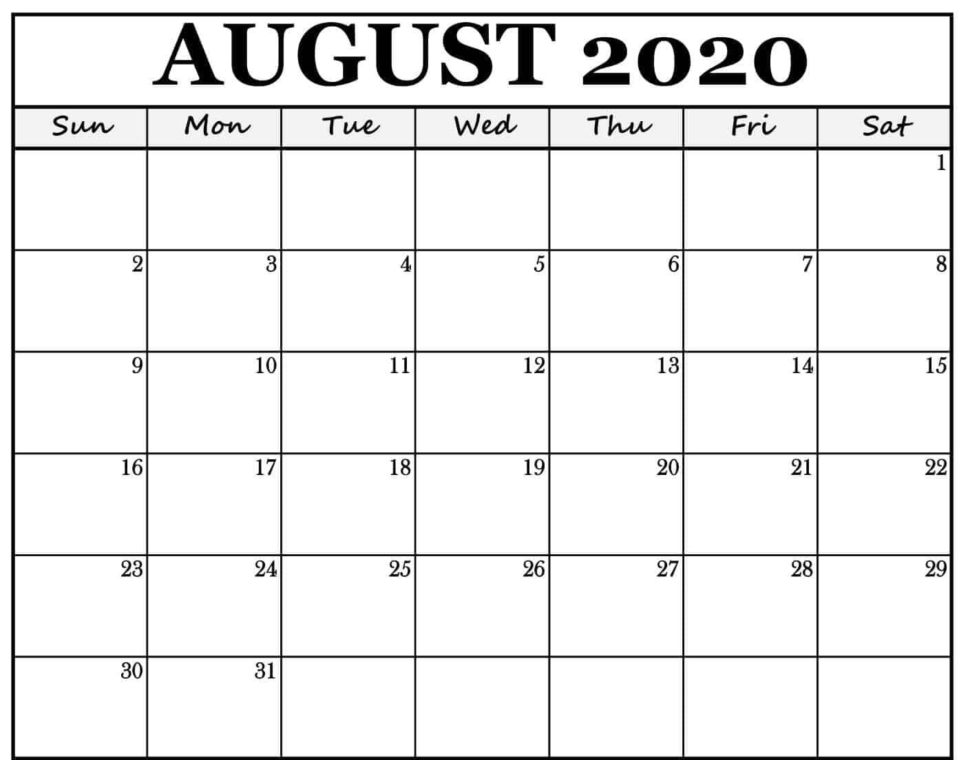 fillable calendar for august 2020 month with large space to