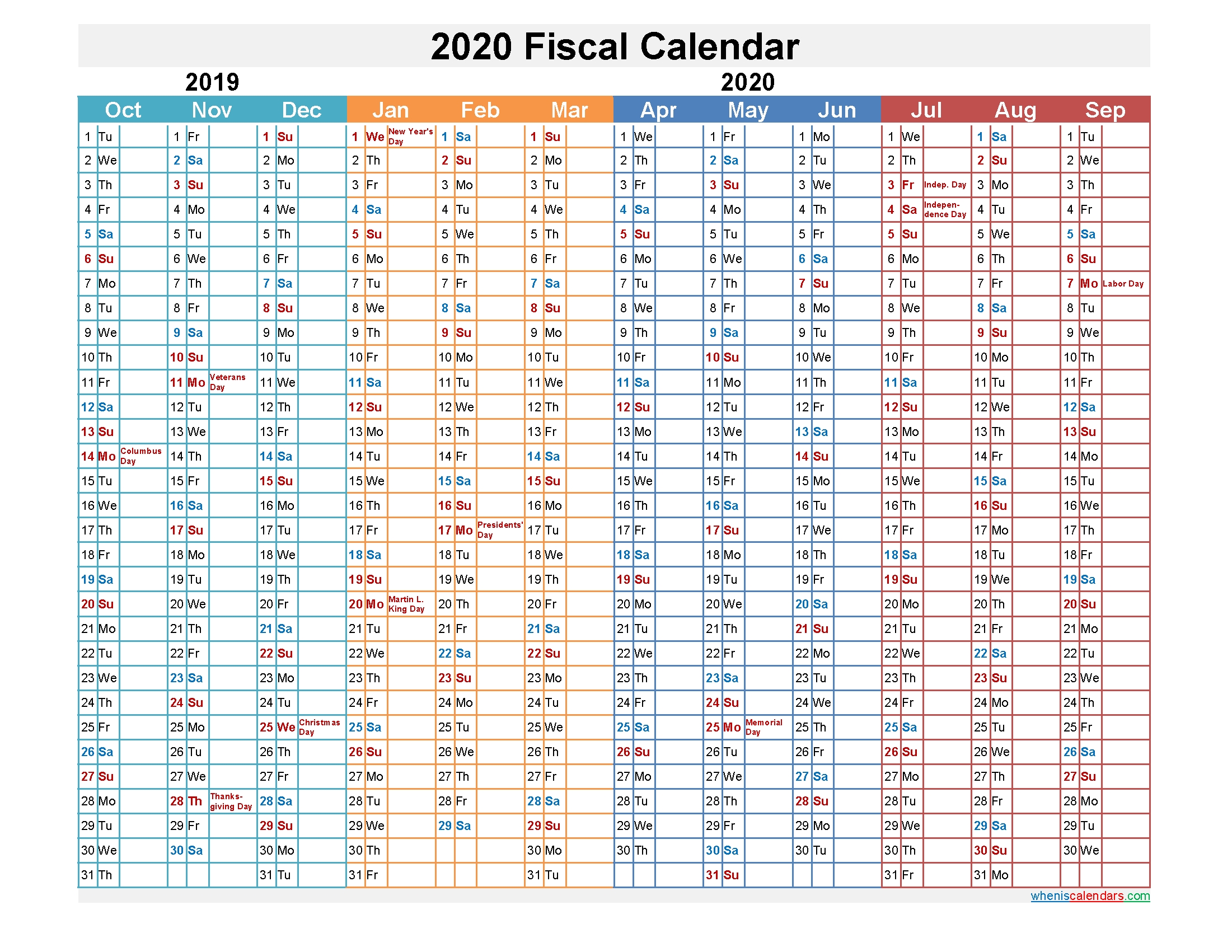 fiscal year 2020 calendar – template no fiscal20y13 – free