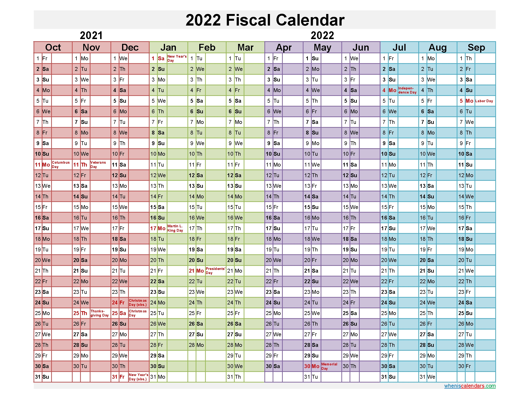 Fiscal Year 2022 Calendar – Template No Fiscal22y21 – Free