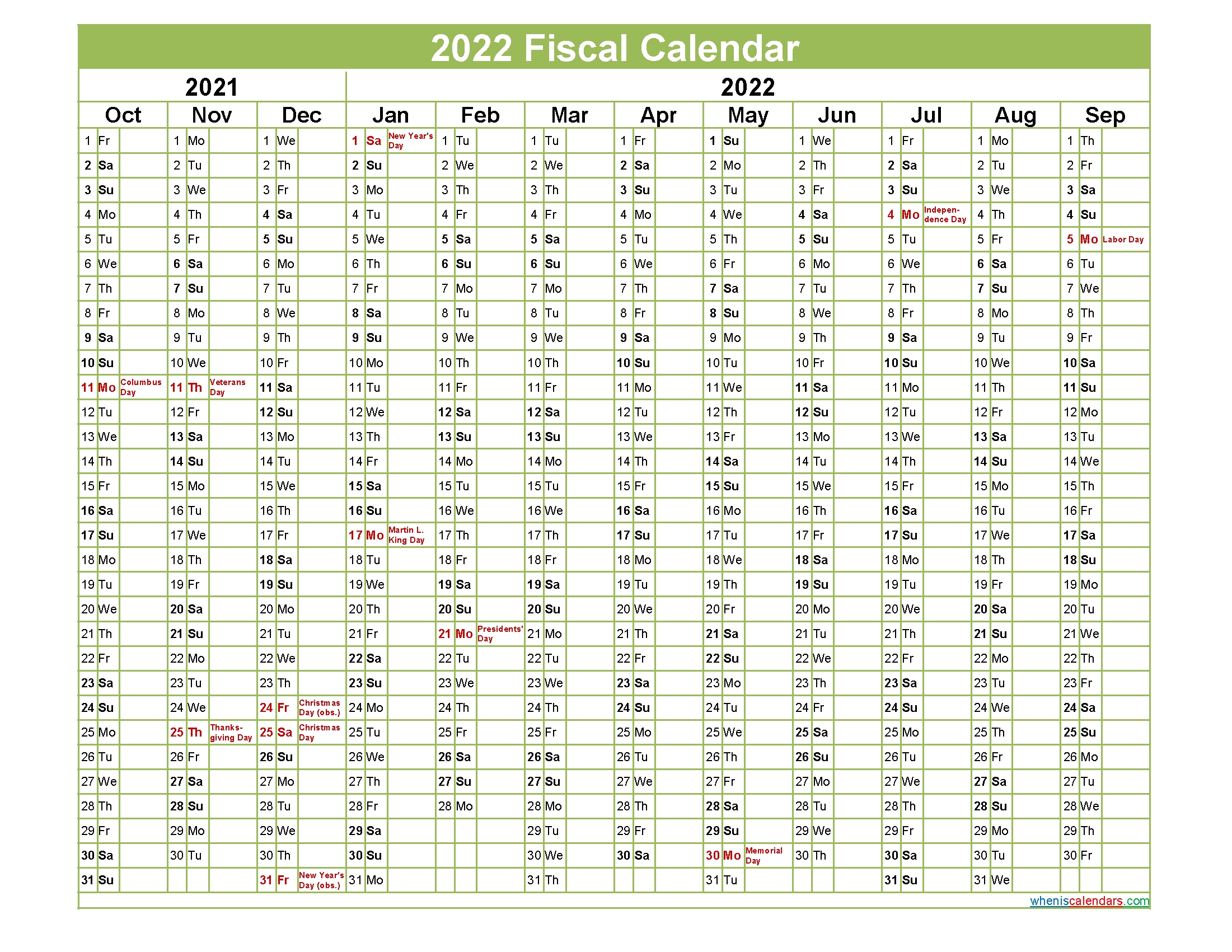 Fiscal Year 2022 Calendar – Template No Fiscal22y37 – Free