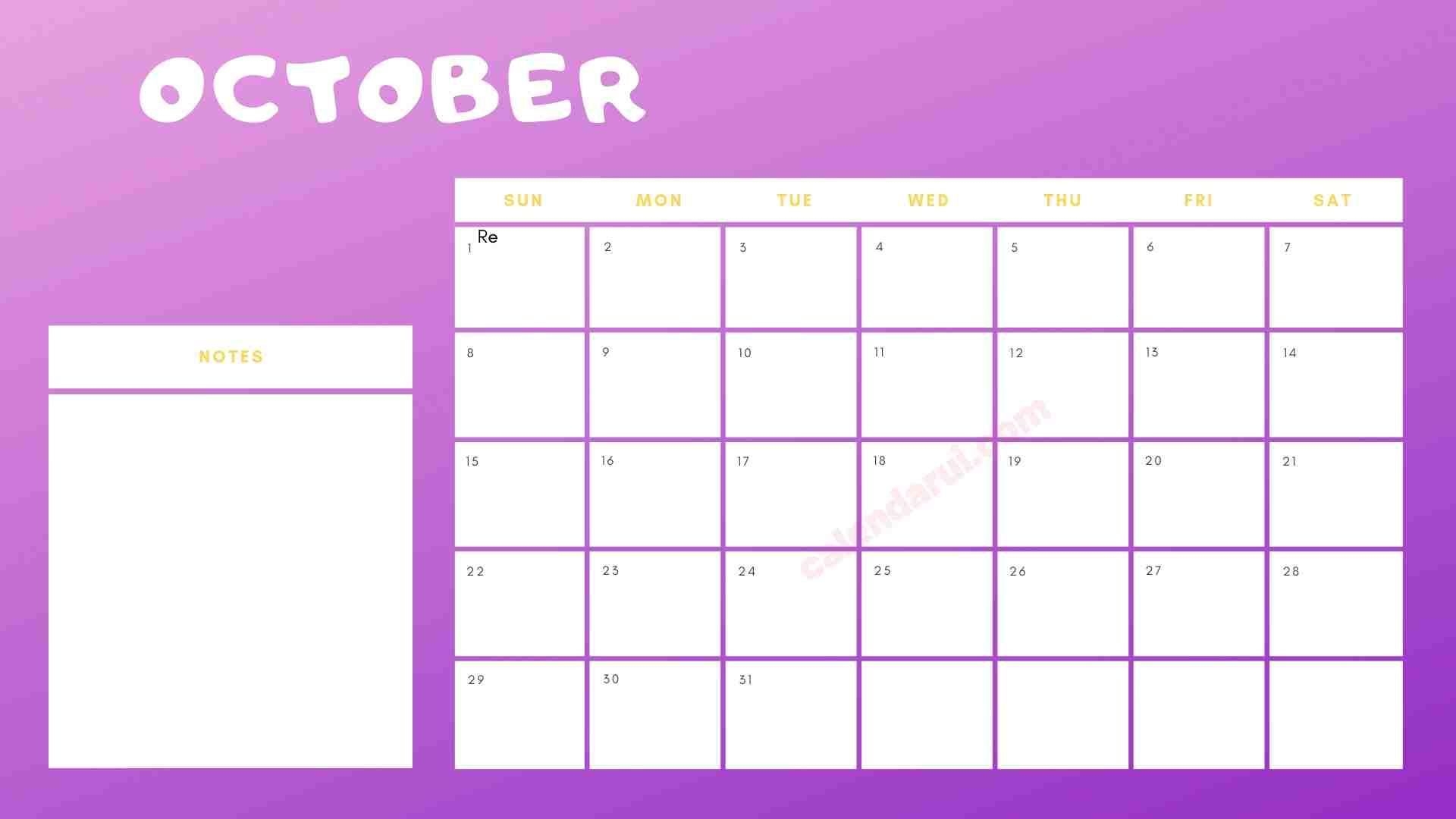 Five Fillable October Calendar Template Printable Free 4