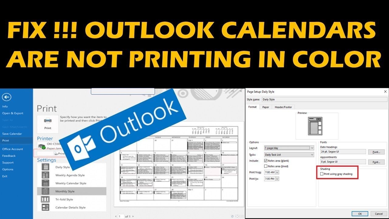 fix !!! outlook calendars are not printing in color