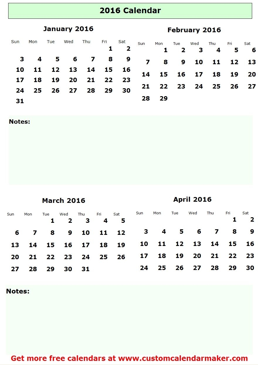 Four Months On A Page 2016 Calendar Template