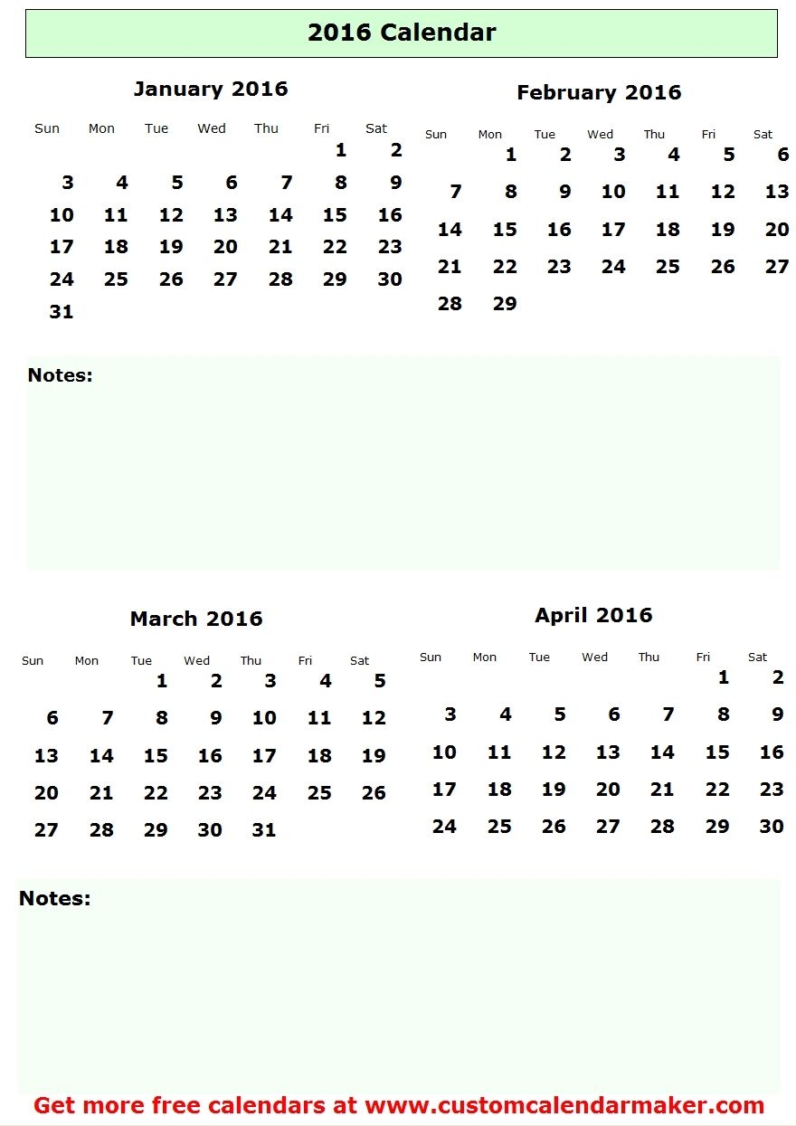 four months on a page 2016 calendar template