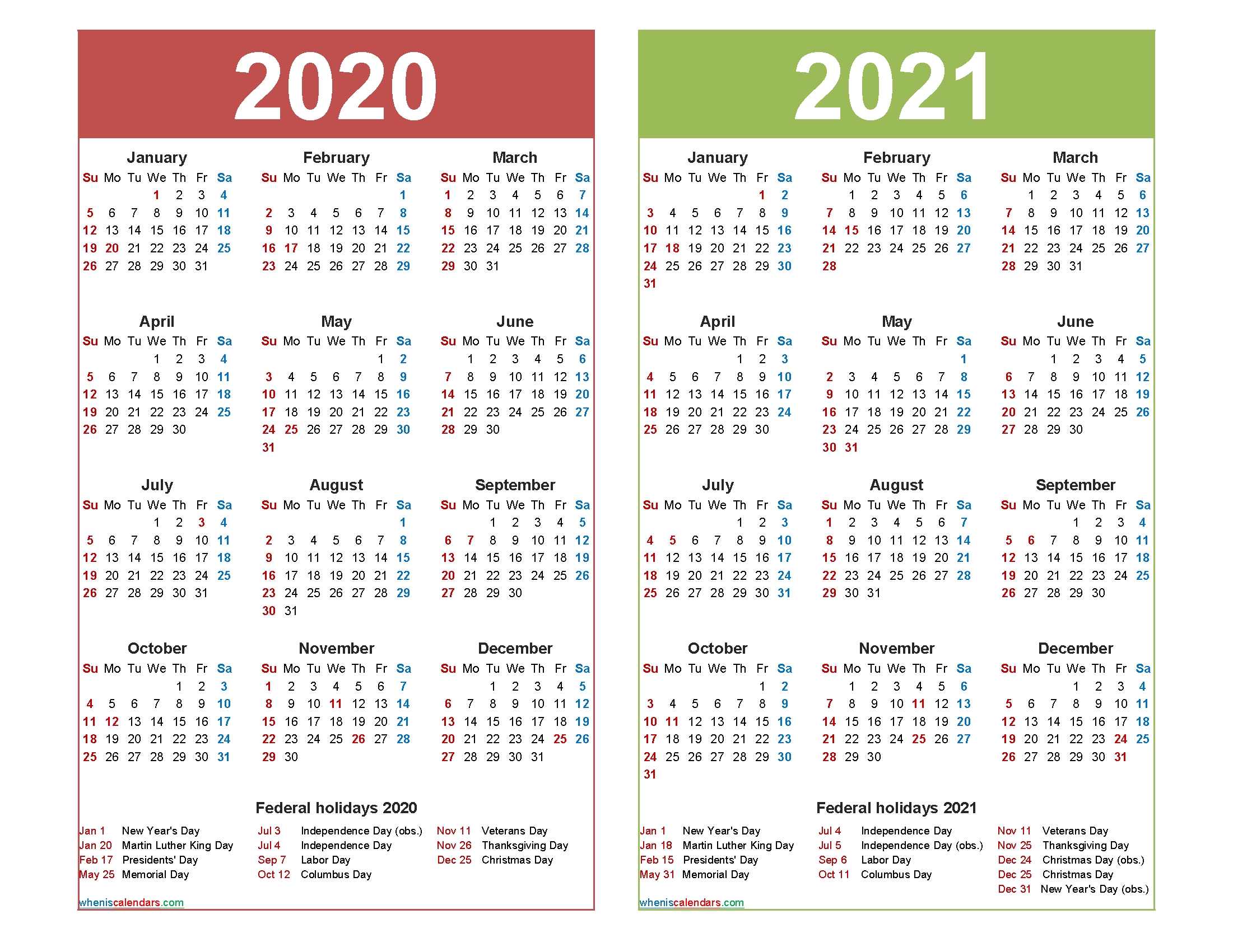 free 2020 and 2021 calendar printable with holidays – free