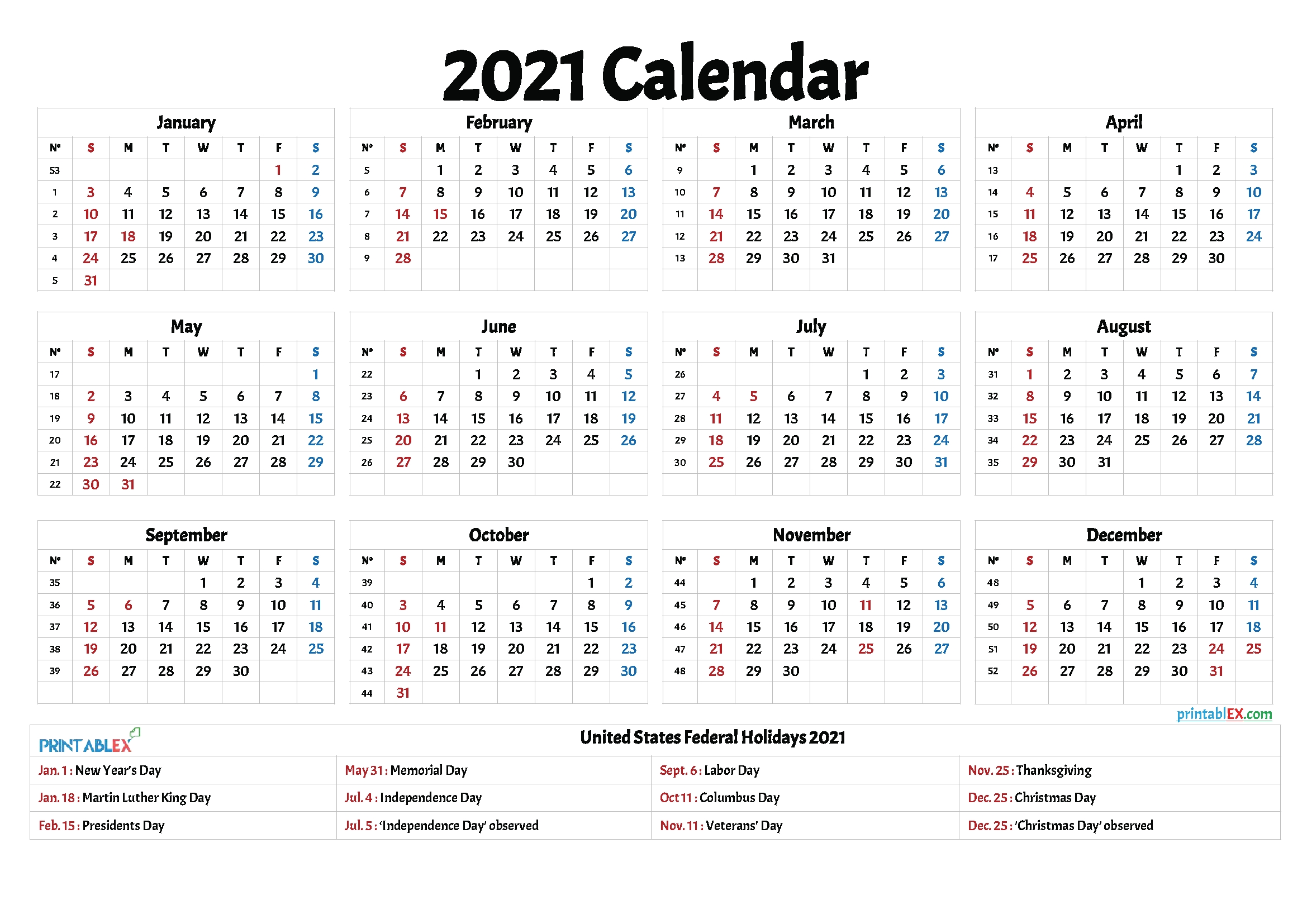 Free 2021 Printable Calendar With Holidays – Free Printable 2020