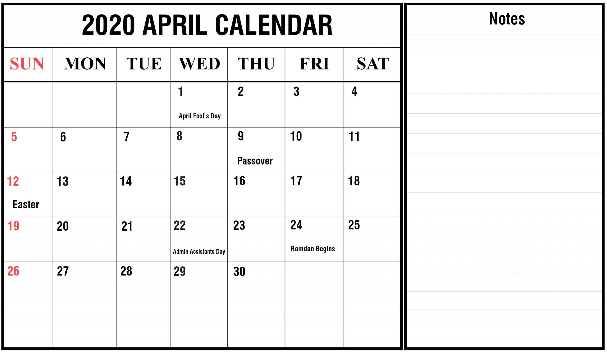 free april calendar 2020 printable editable template