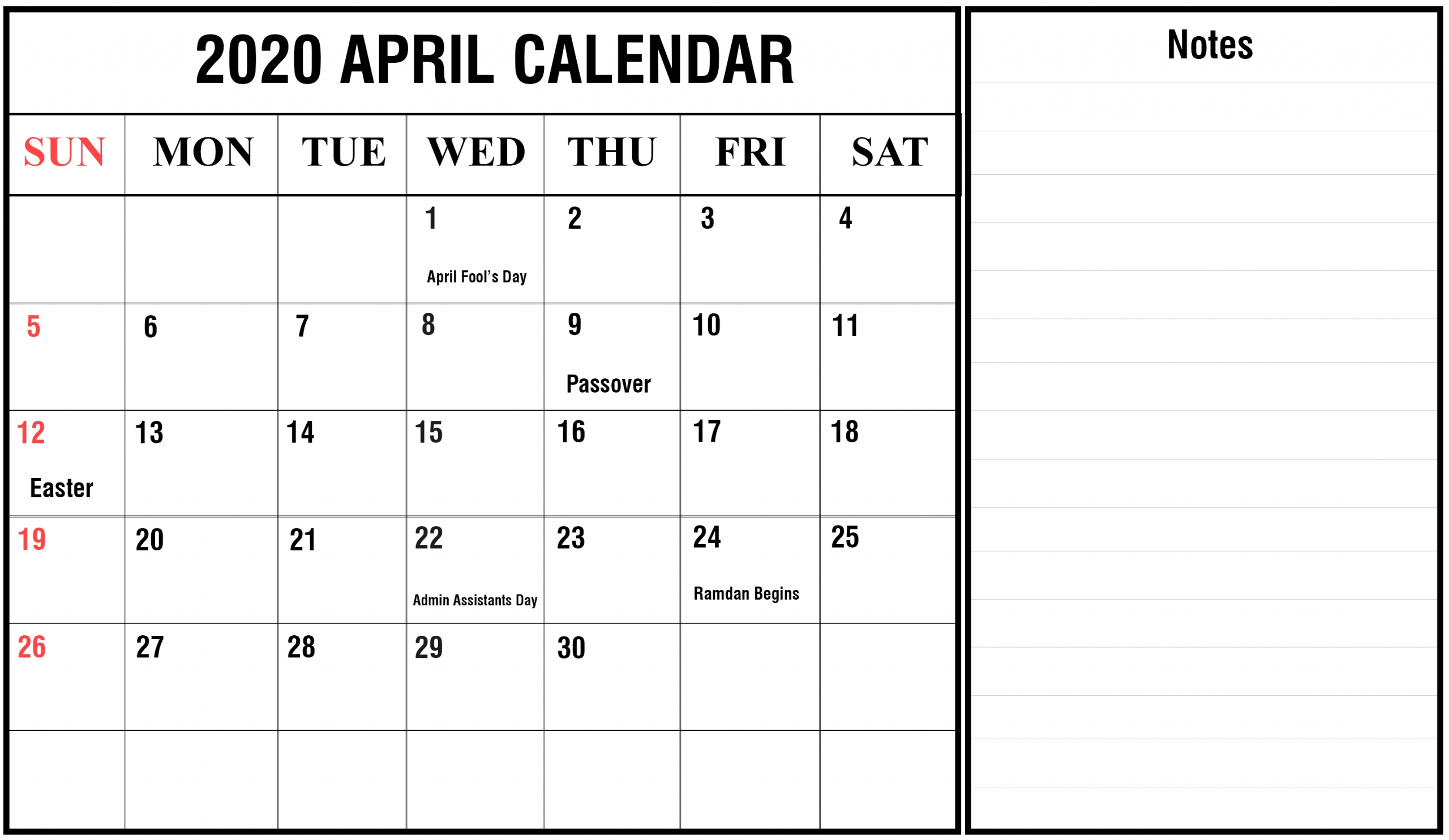 Free April Calendar 2020 Printable Editable Template