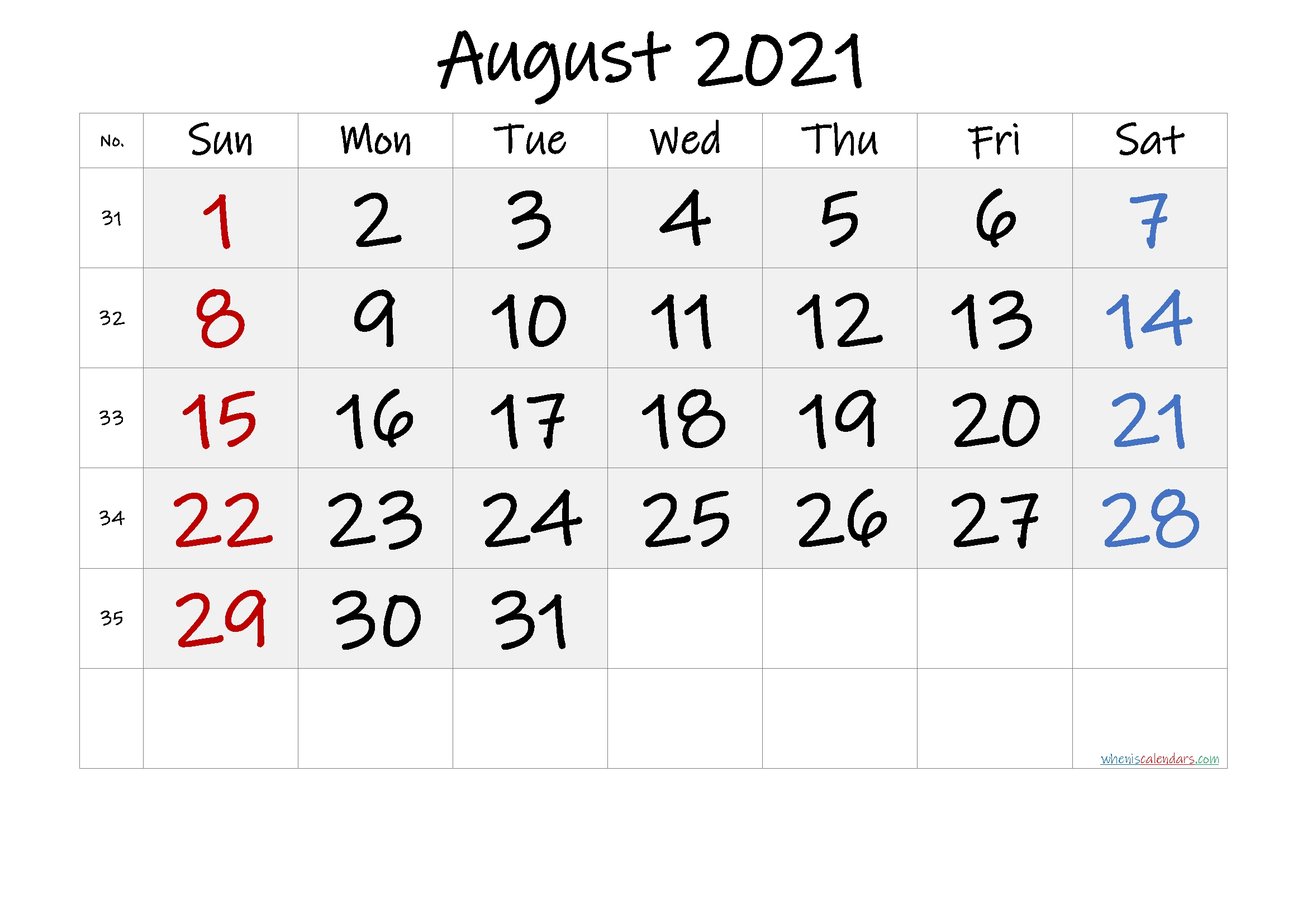 Free August 2021 Monthly Calendar Pdf Template No If21m56