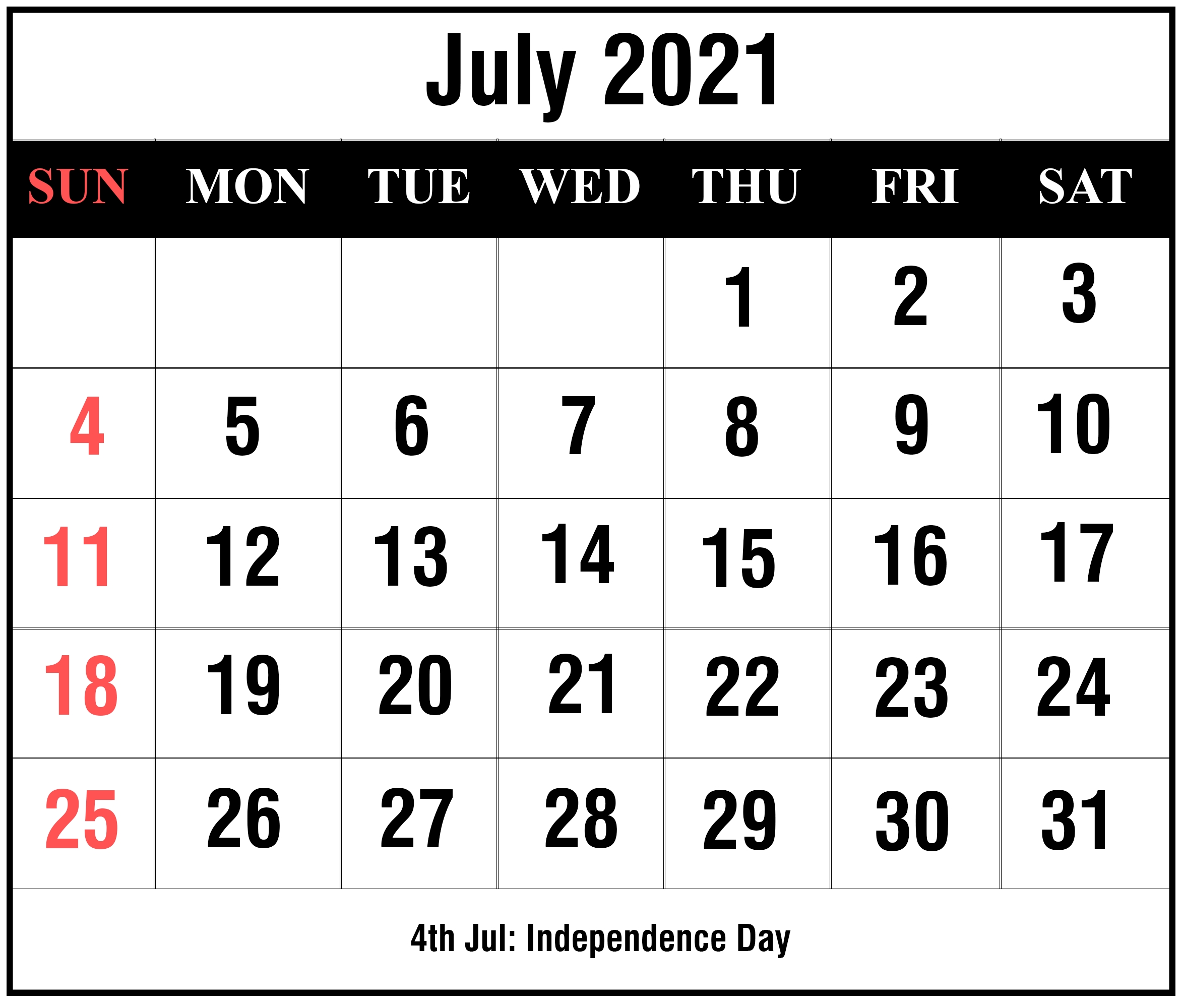 Free Blank July 2021 Printable Calendar Template In Pdf