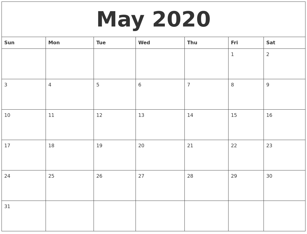 Free Blank May Calendar 2020 Printable Template In 2020