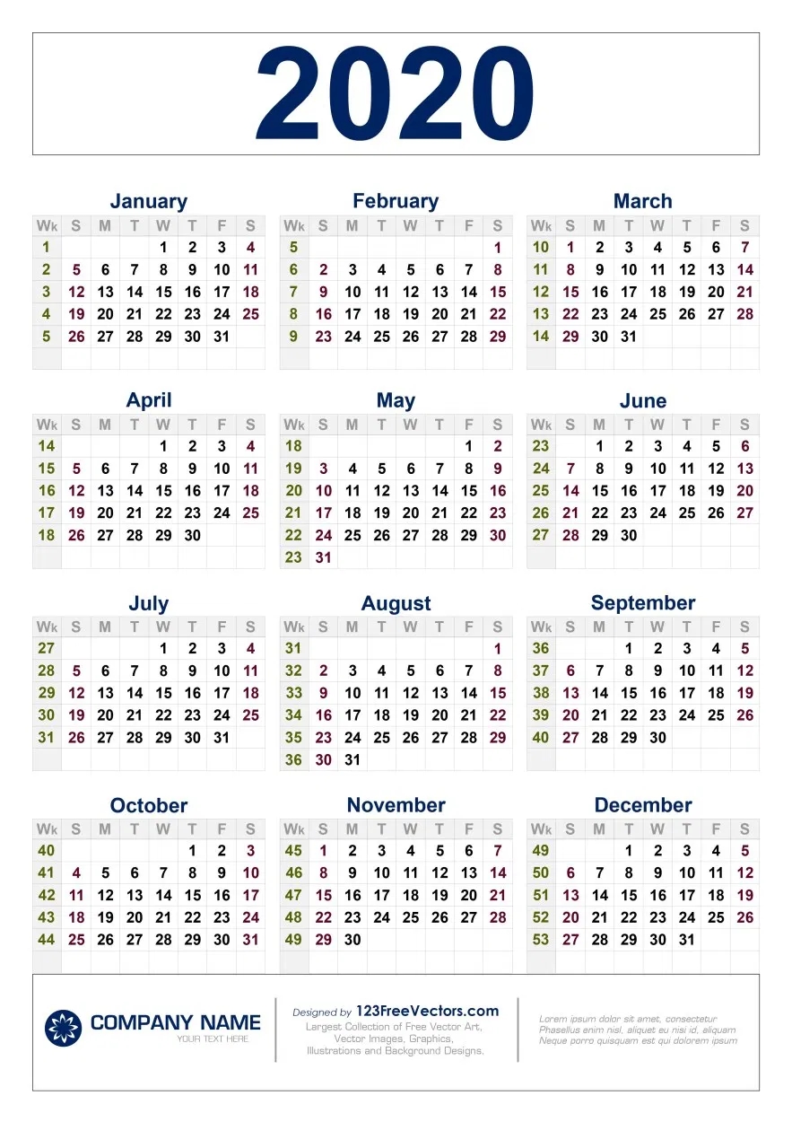 Free Download 2020 Calendar With Week Numbers In 2020