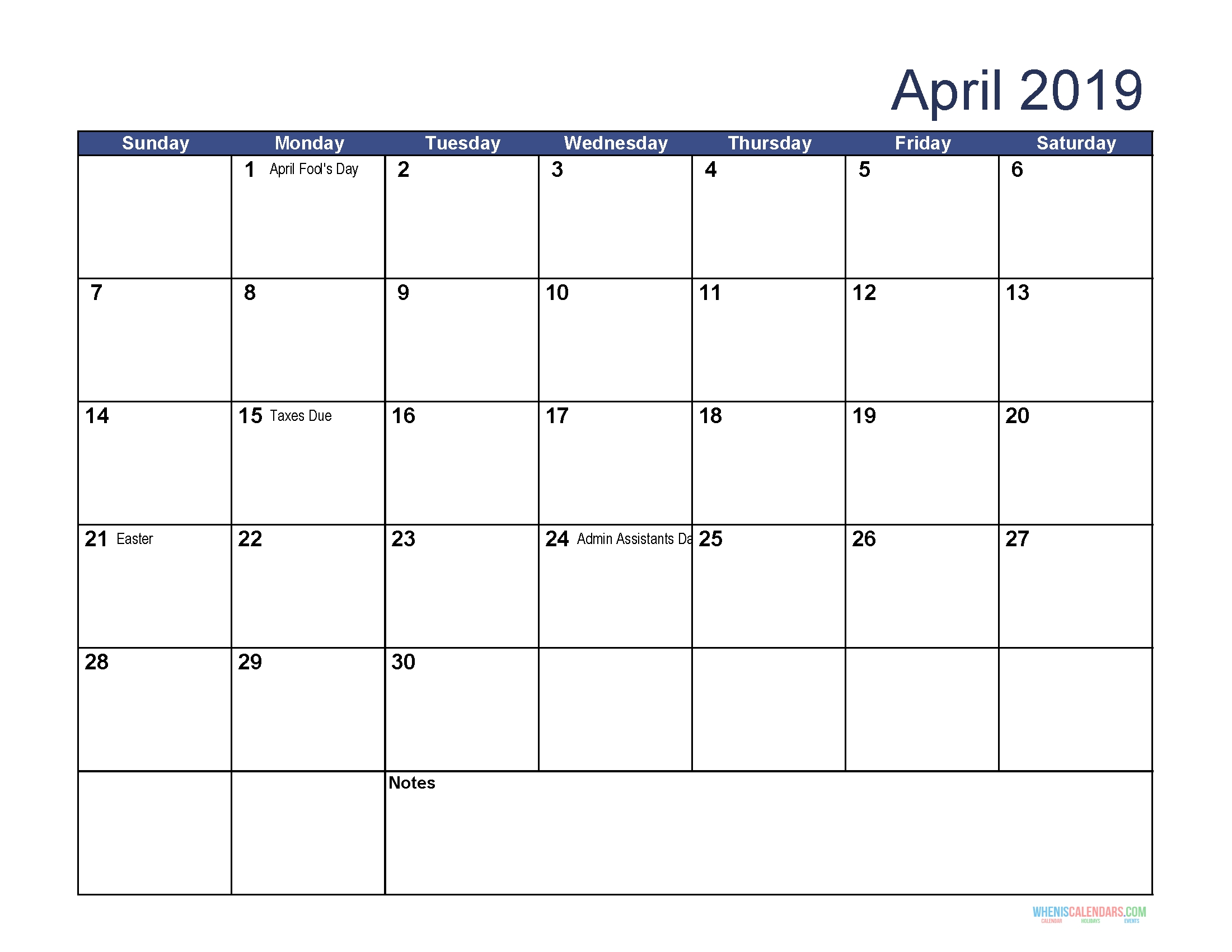 Free Download Printable April 2019 Calendar With Holidays