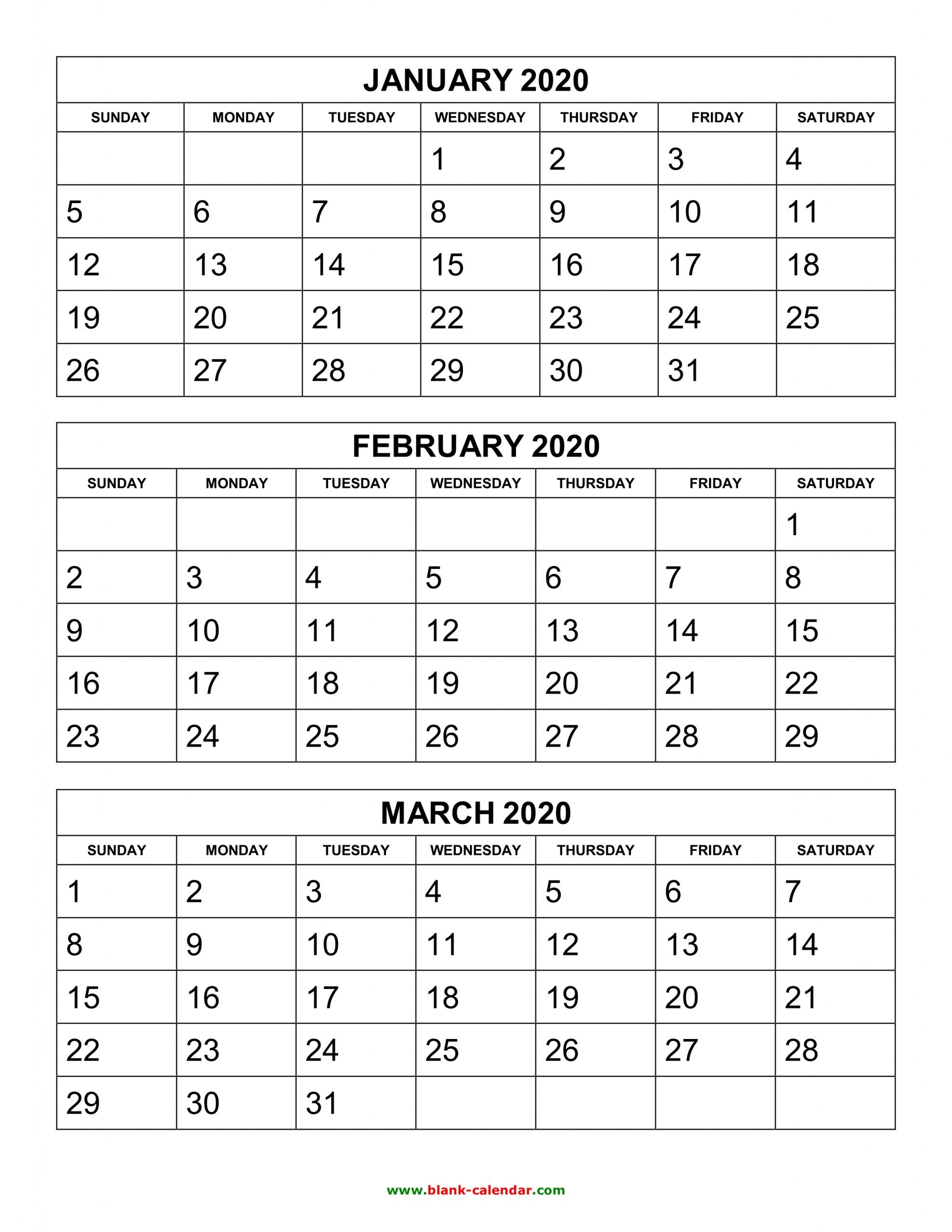 free download printable calendar 2020, 3 months per page, 4