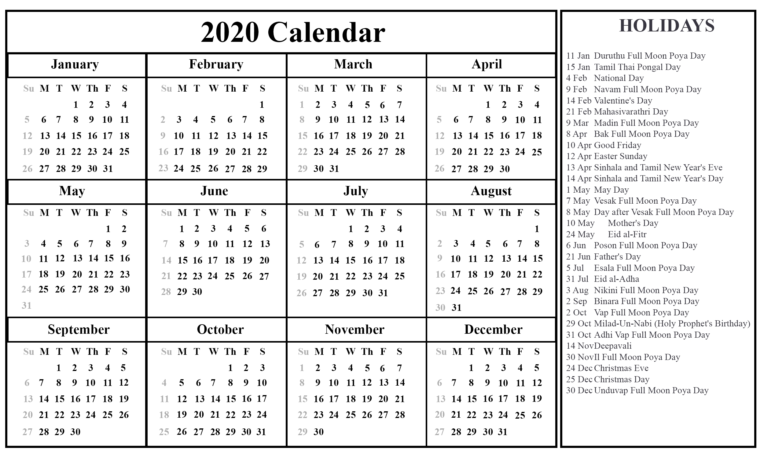 Free Download Sri Lanka Calendar 2020 {pdf, Excel & Word
