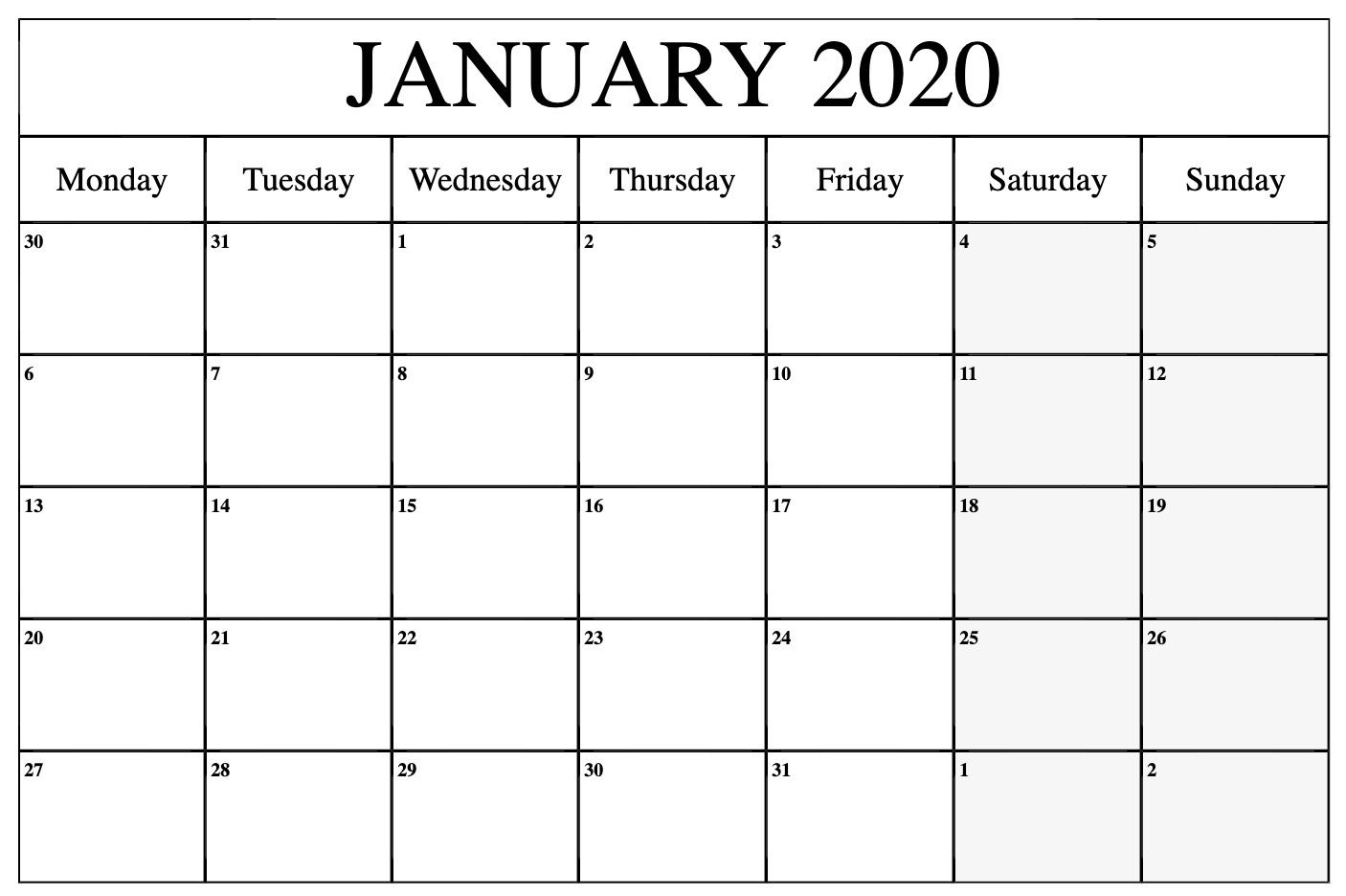 free january 2020 calendar printable template pdf, word, excel