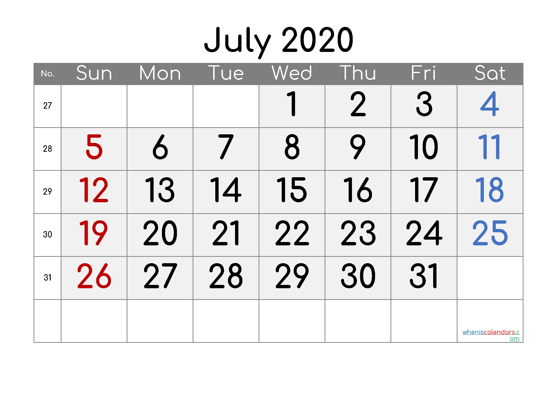 Free July 2020 Calendar With Week Numbers – Free Printable