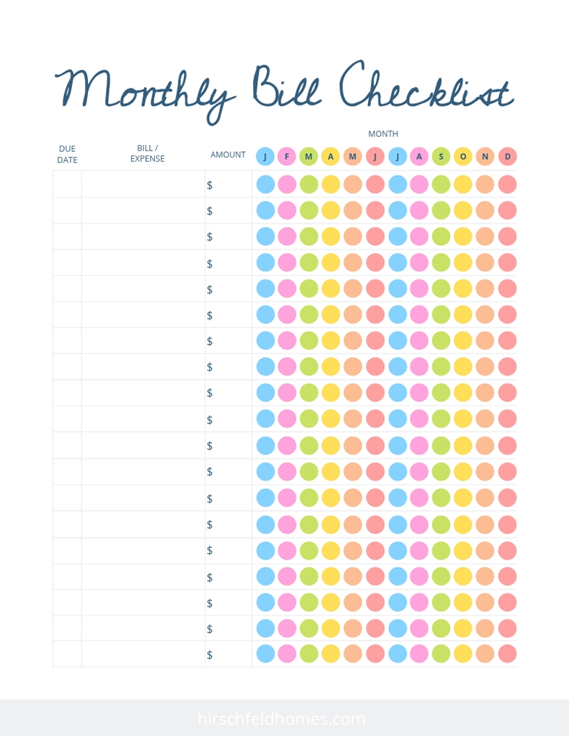 Free Monthly Bill Checklist | Hirschfeld