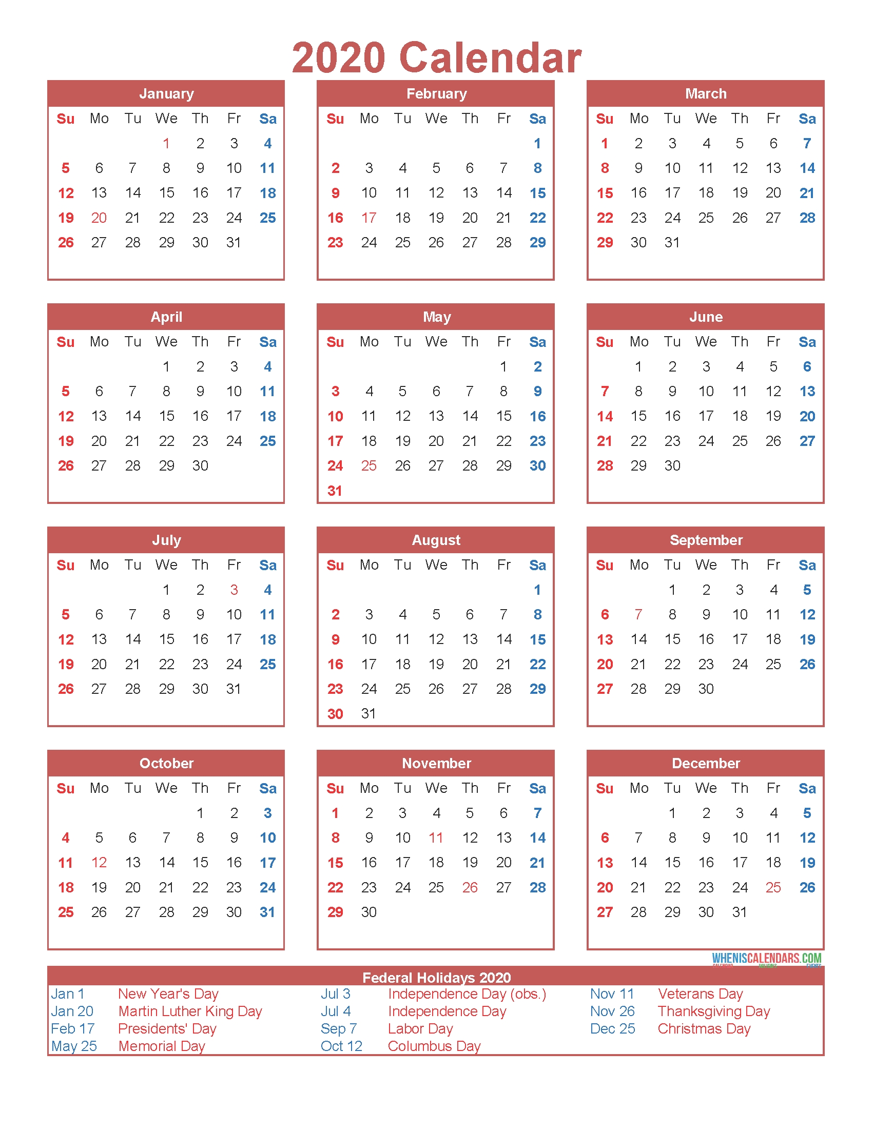 Free Printable 12 Month Calendar On One Page 2020 – Free