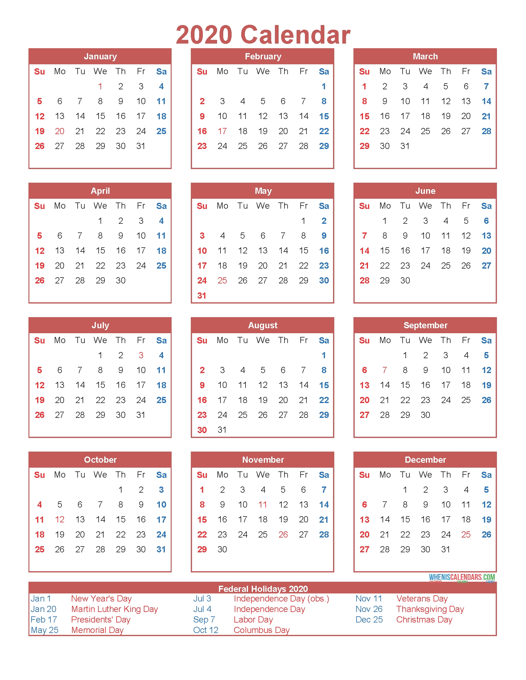 free printable 12 month calendar on one page 2020 – free
