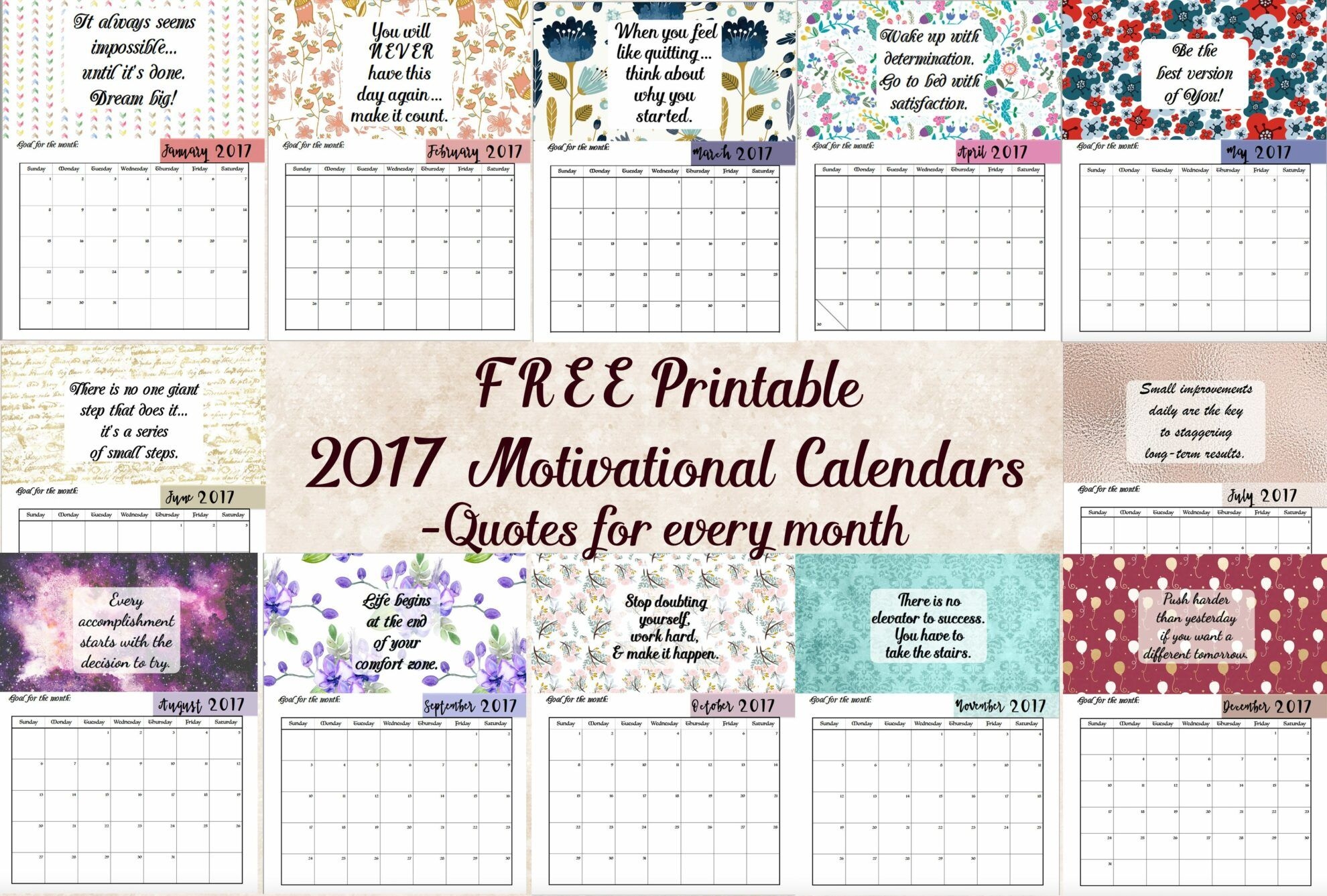 Free Printable 2017 Motivational Monthly Calendar