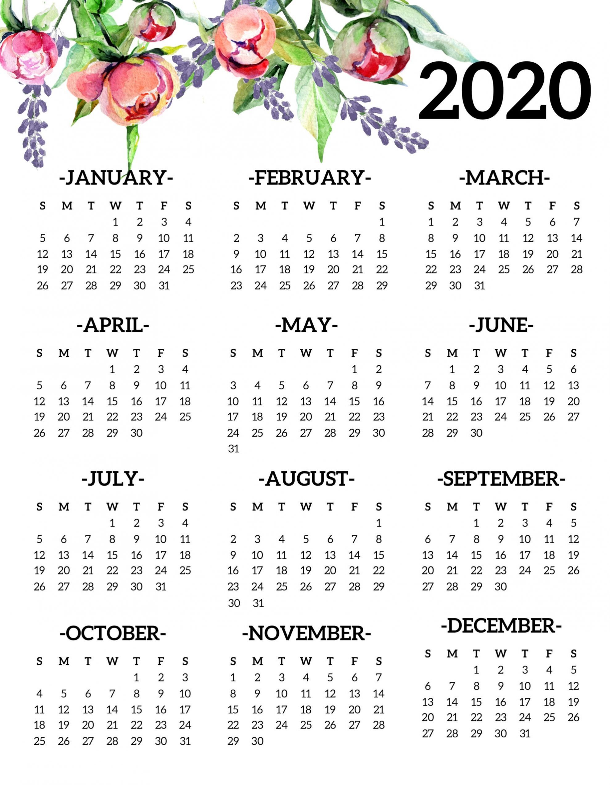 Free Printable 2020 Calendar Yearly One Page Floral | Paper