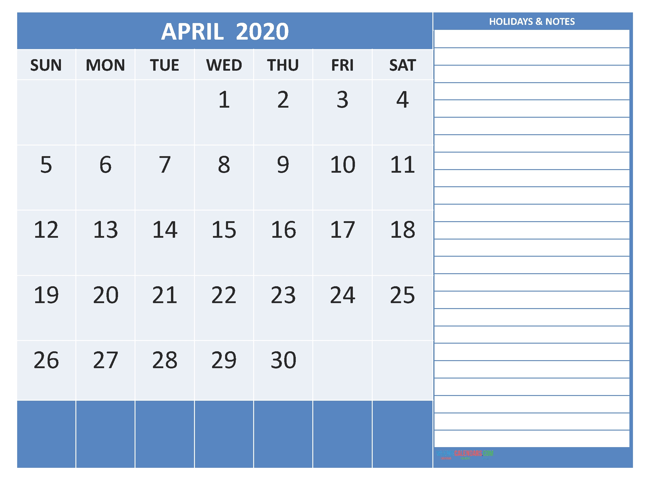 free printable 2020 monthly calendar with holidays april