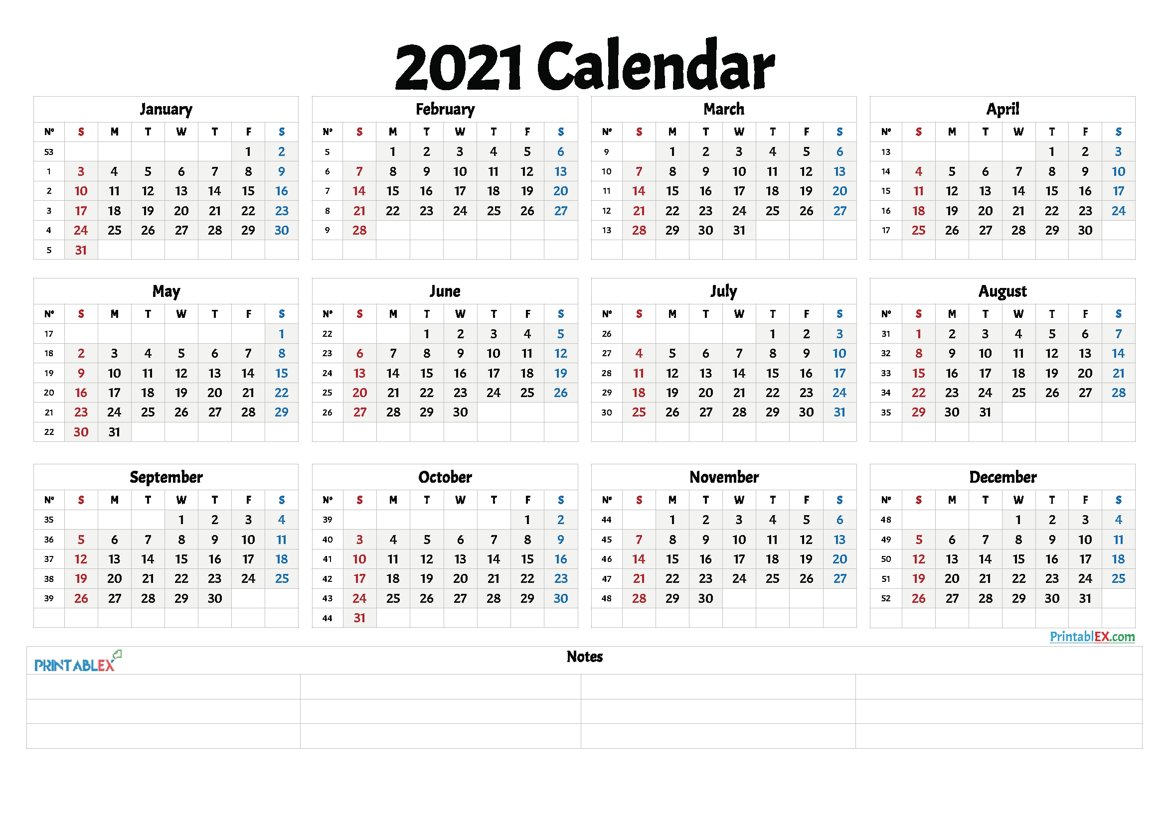 Free Printable 2021 Yearly Calendar With Week Numbers In