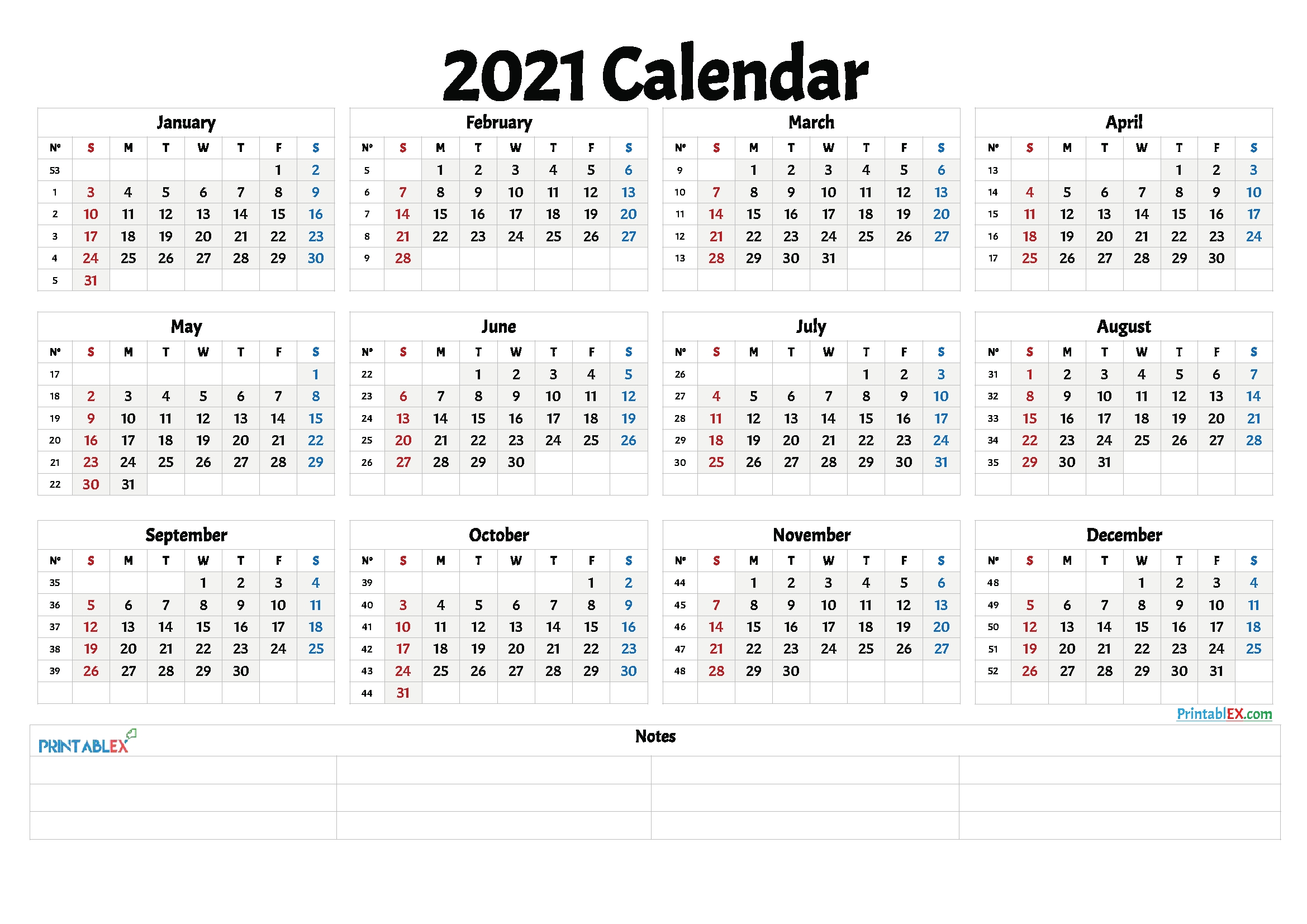 free printable 2021 yearly calendar with week numbers in