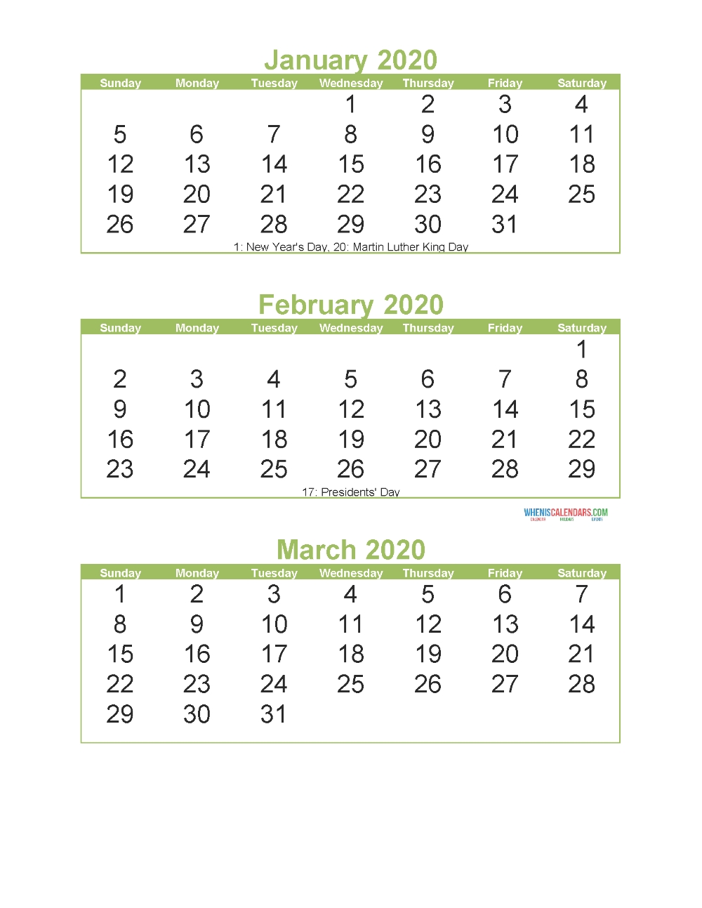 free printable 3 month calendar 2020 january february march