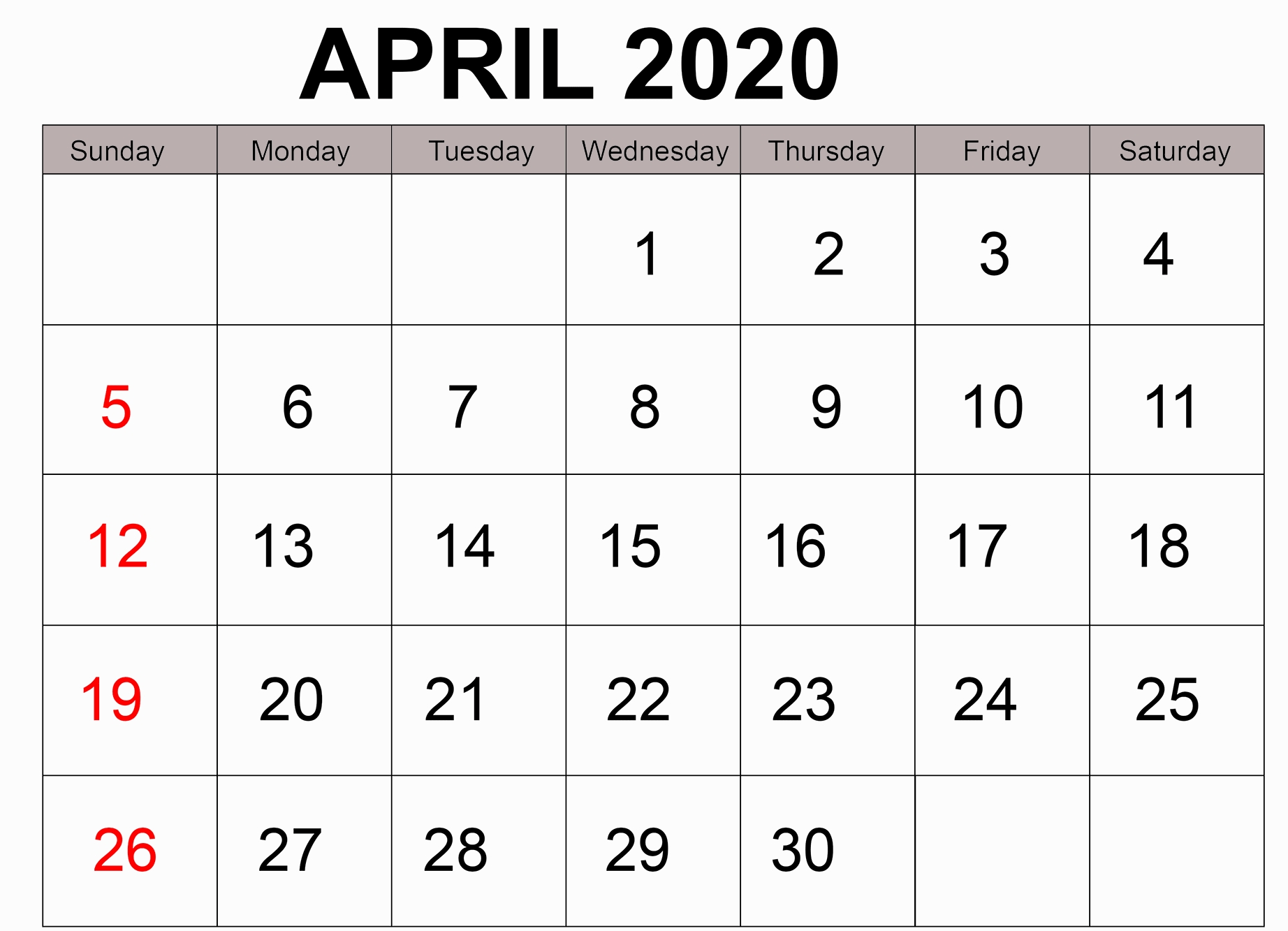 free printable april 2020 calendar page template digital