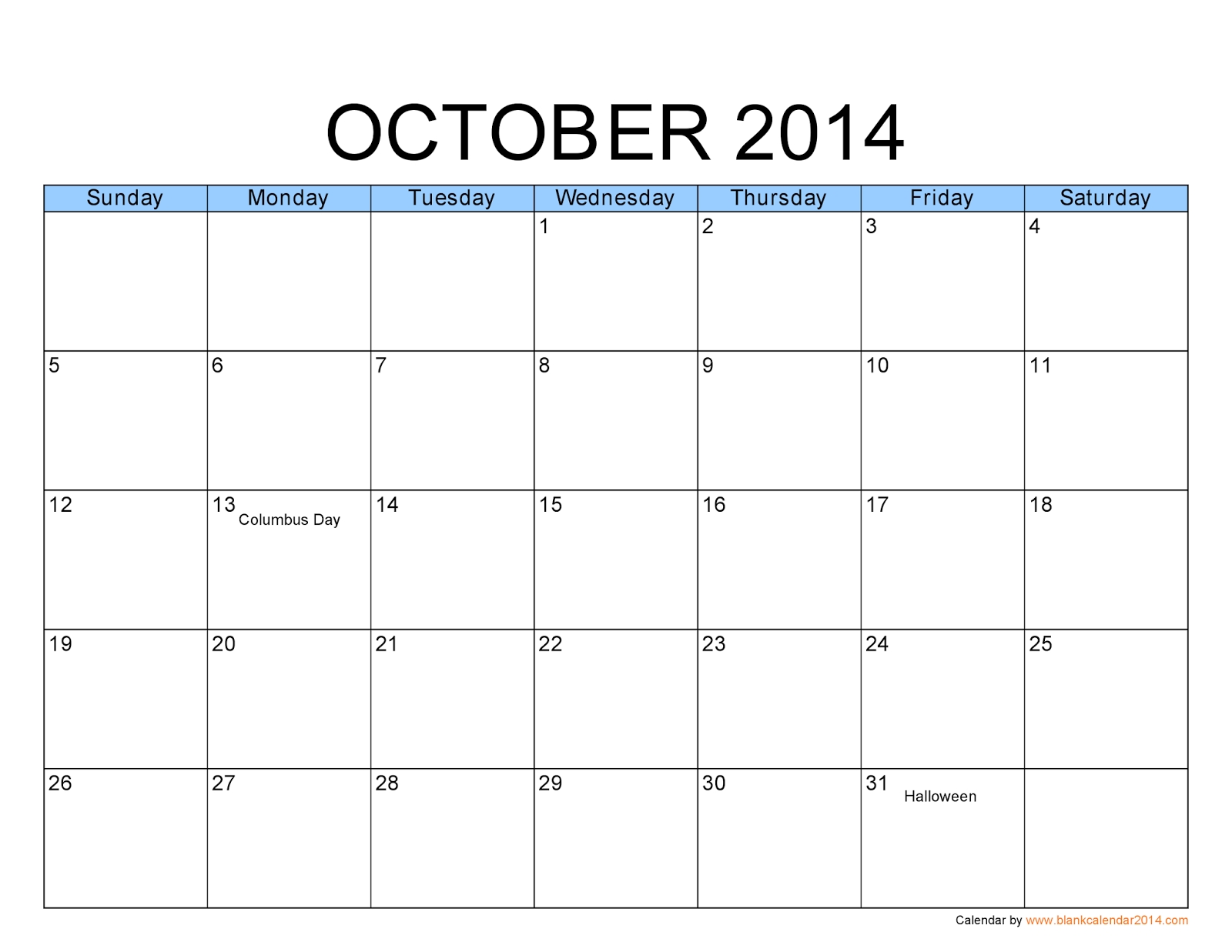 Free Printable Calendar 2014: October 2014 Calendar