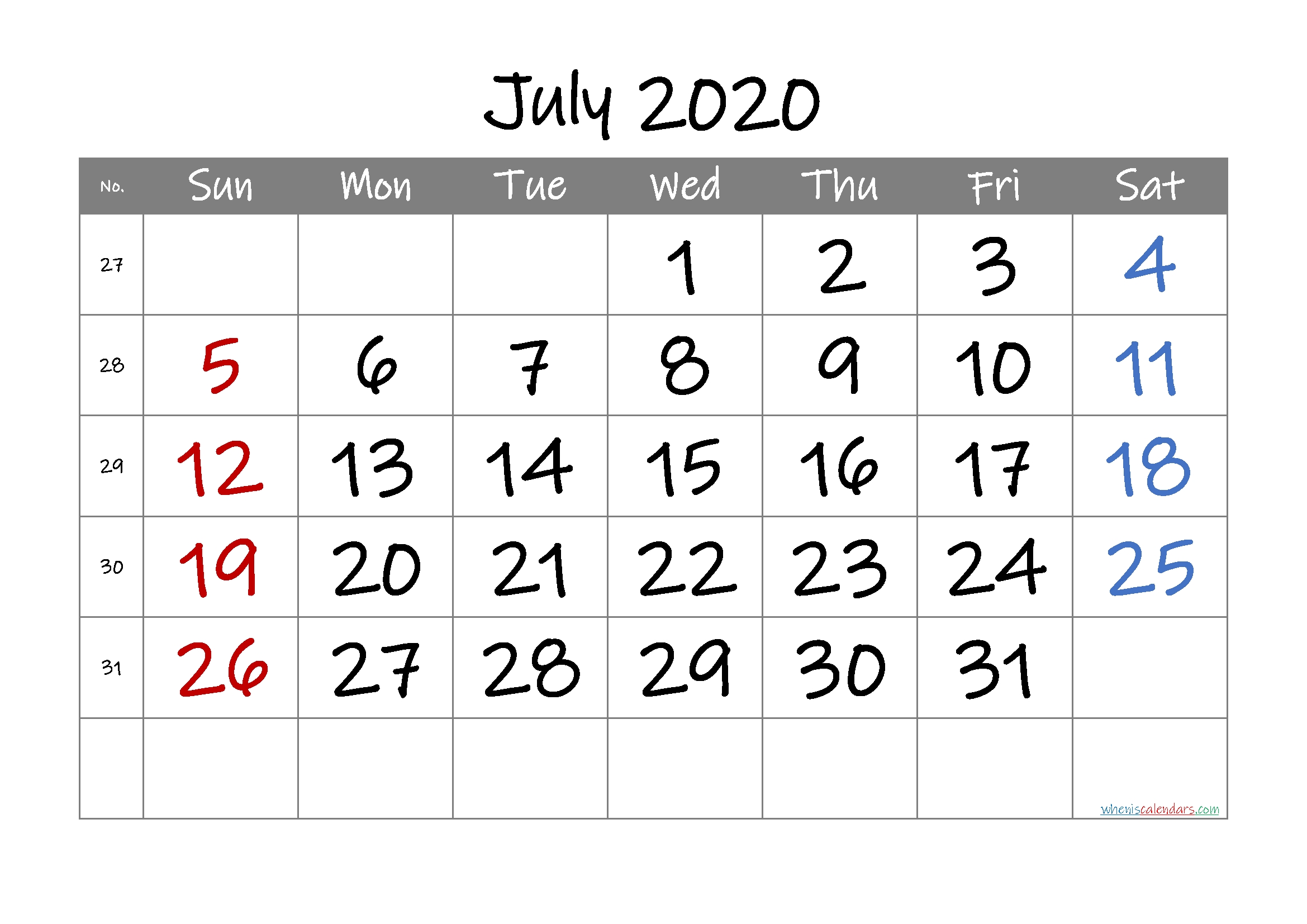 free printable calendar 2020 july – free printable 2020