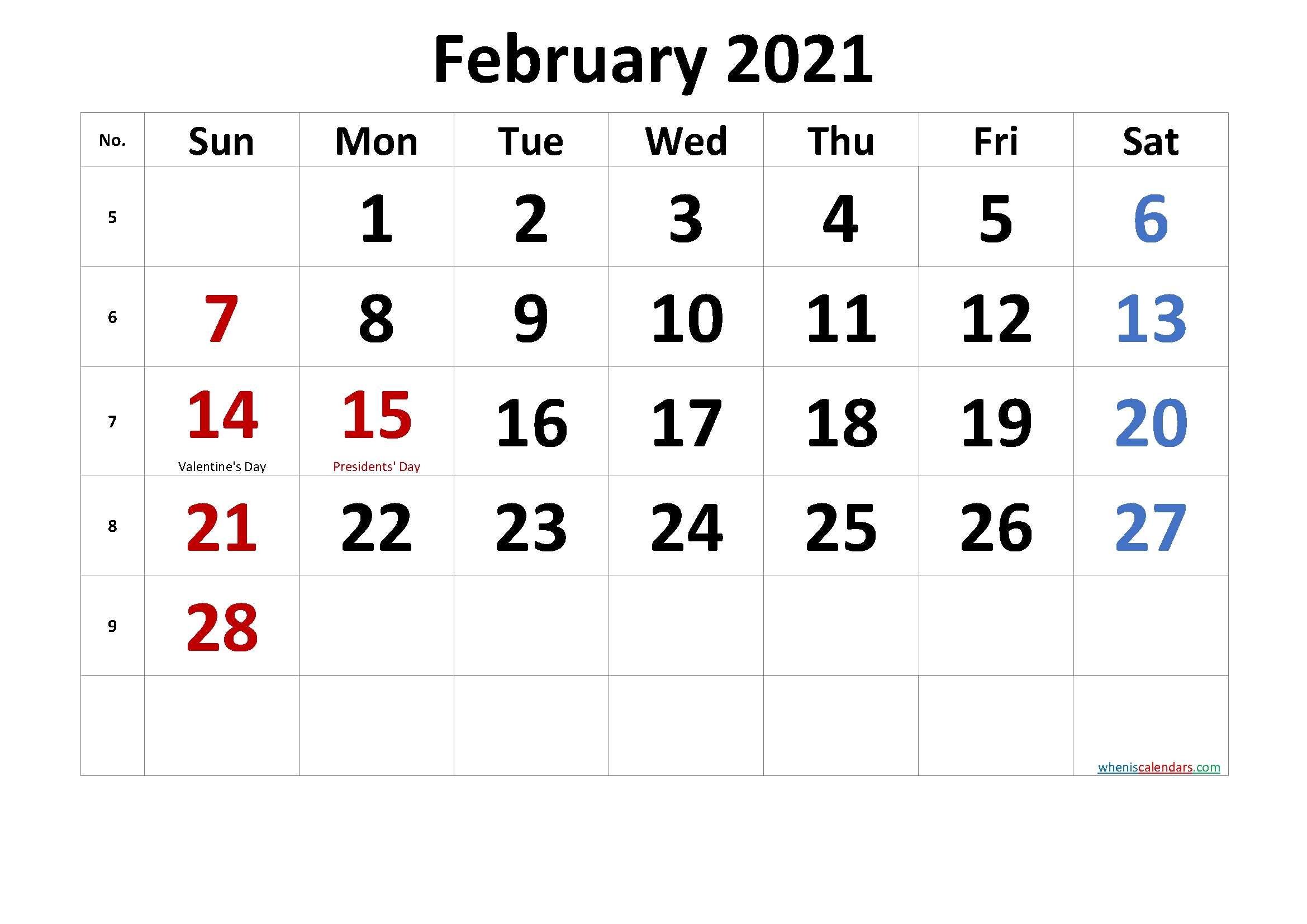Free Printable Coloring Calendar 2021 February Template No