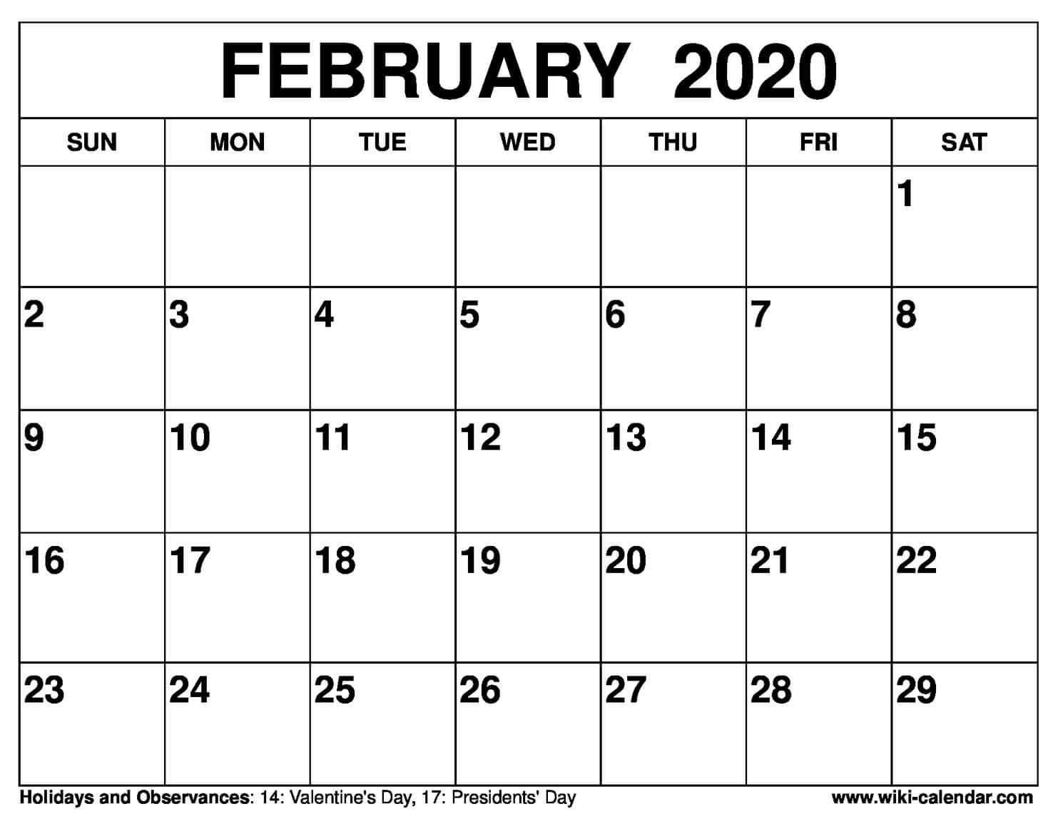 Free Printable February 2020 Calendars