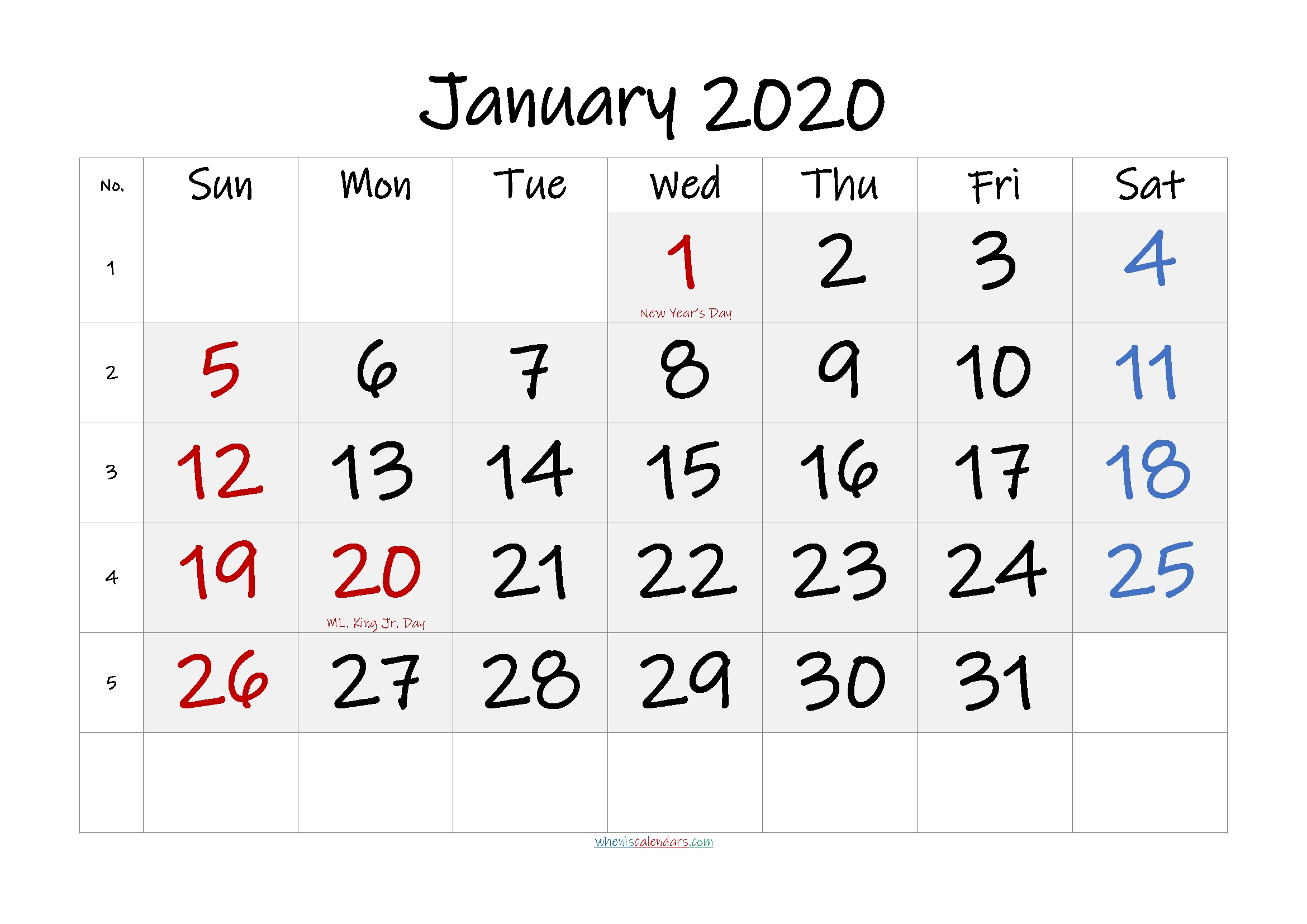 free printable january 2020 calendar pdf template no