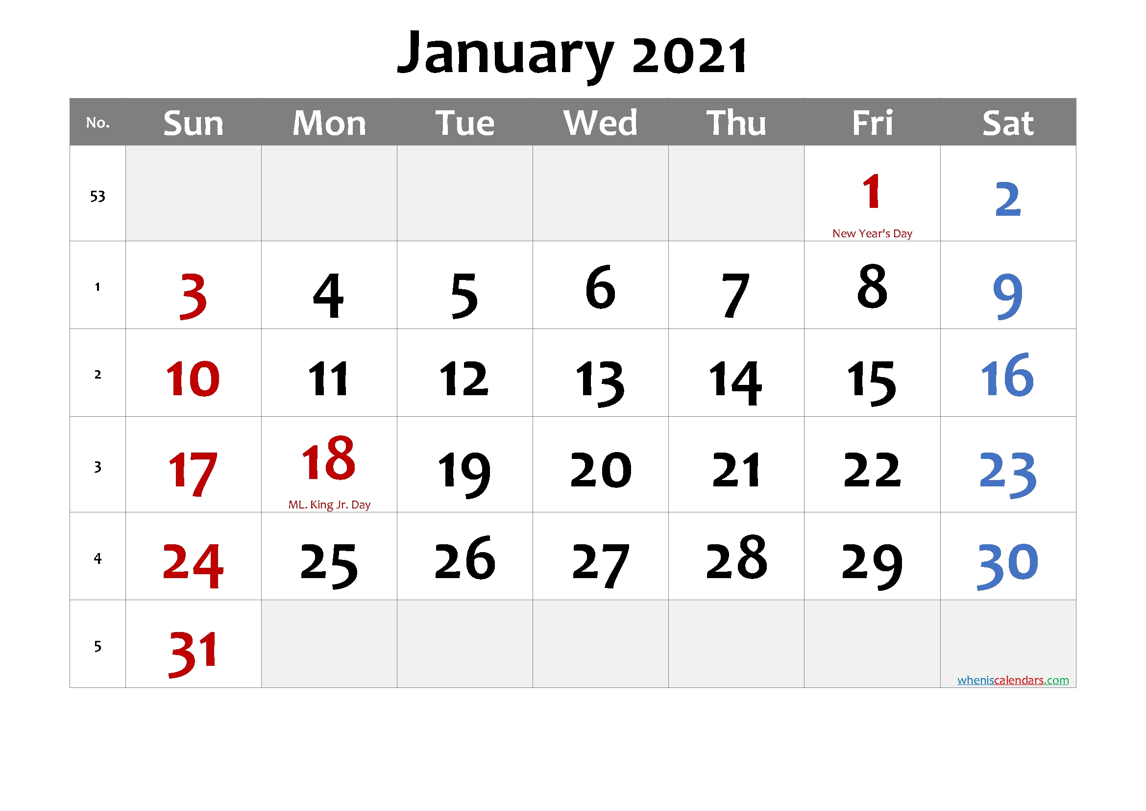 free printable january 2021 calendar in 2020 | march free