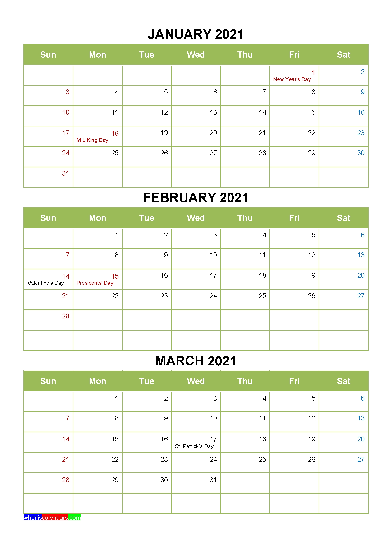 free printable january february march 2021 calendar 3 months