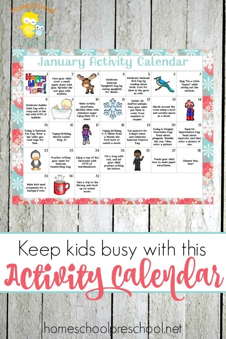 free printable january preschool activity calendar