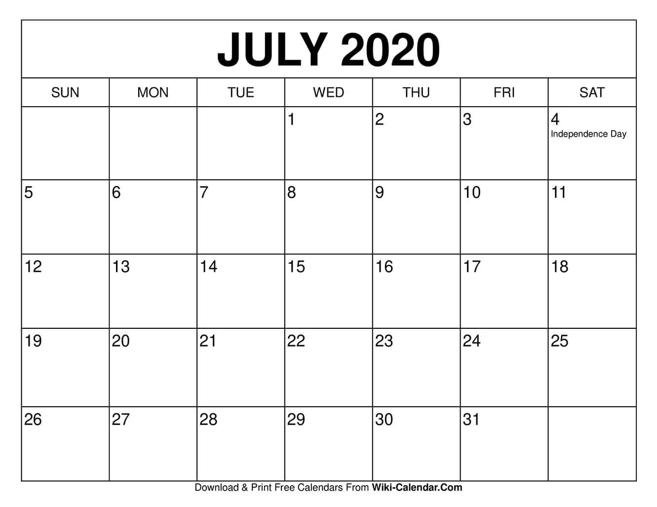 Free Printable July 2020 Calendars