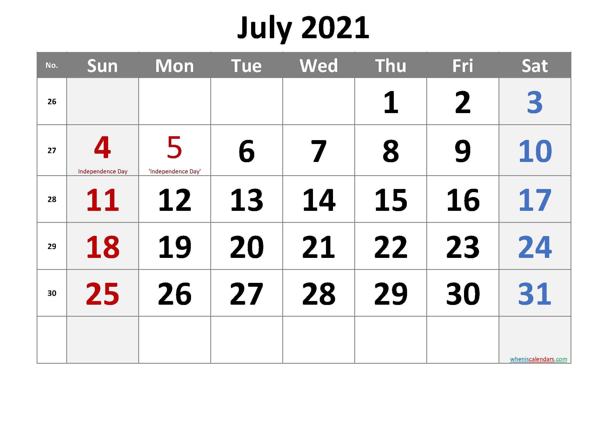 Free Printable July 2021 Calendar In 2020 | Printable