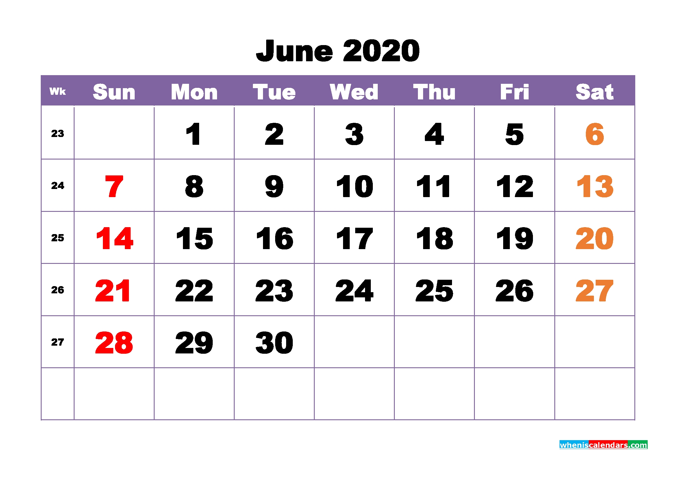 Free Printable June 2020 Calendar – No M20b390 – Free