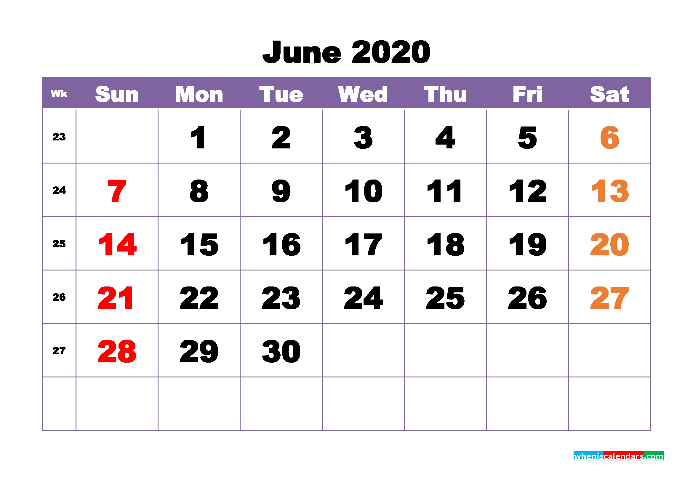 free printable june 2020 calendar – no m20b390 – free