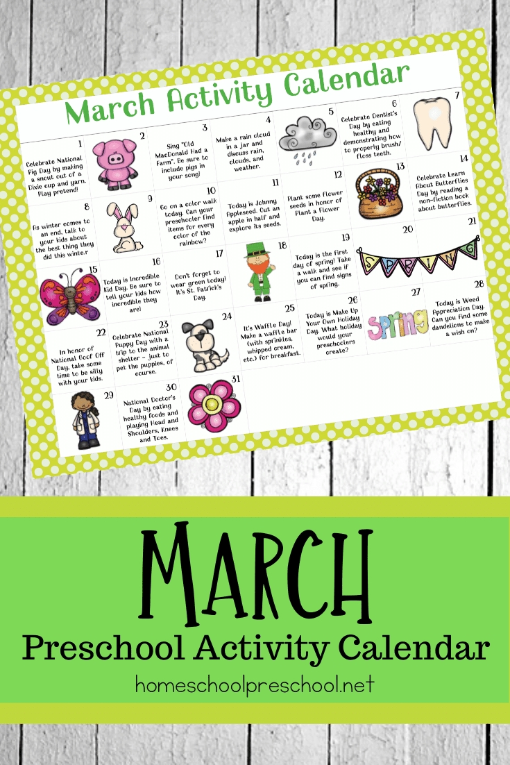 Free Printable March Activity Calendar For Preschoolers