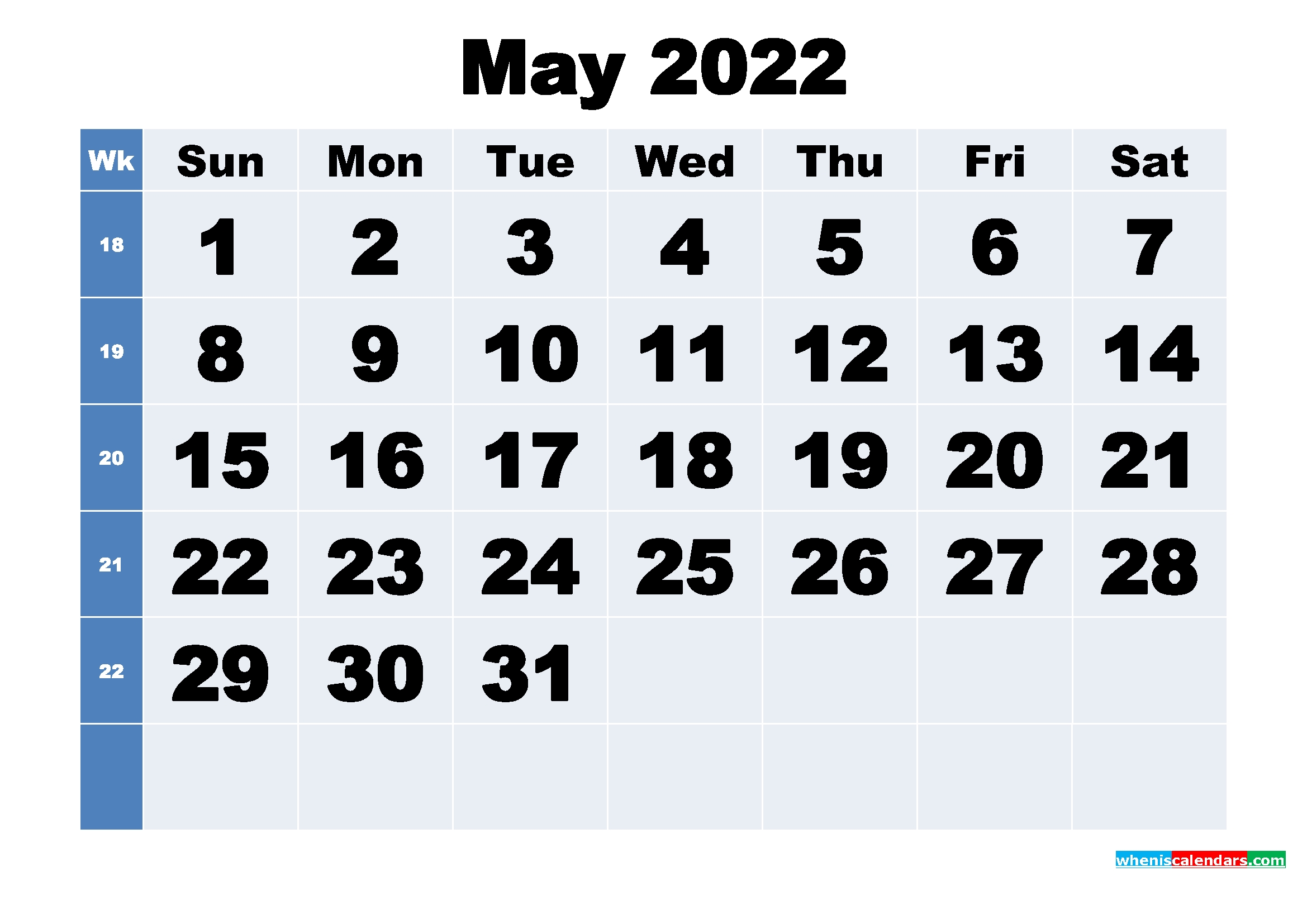 free printable may 2022 calendar with week numbers – free